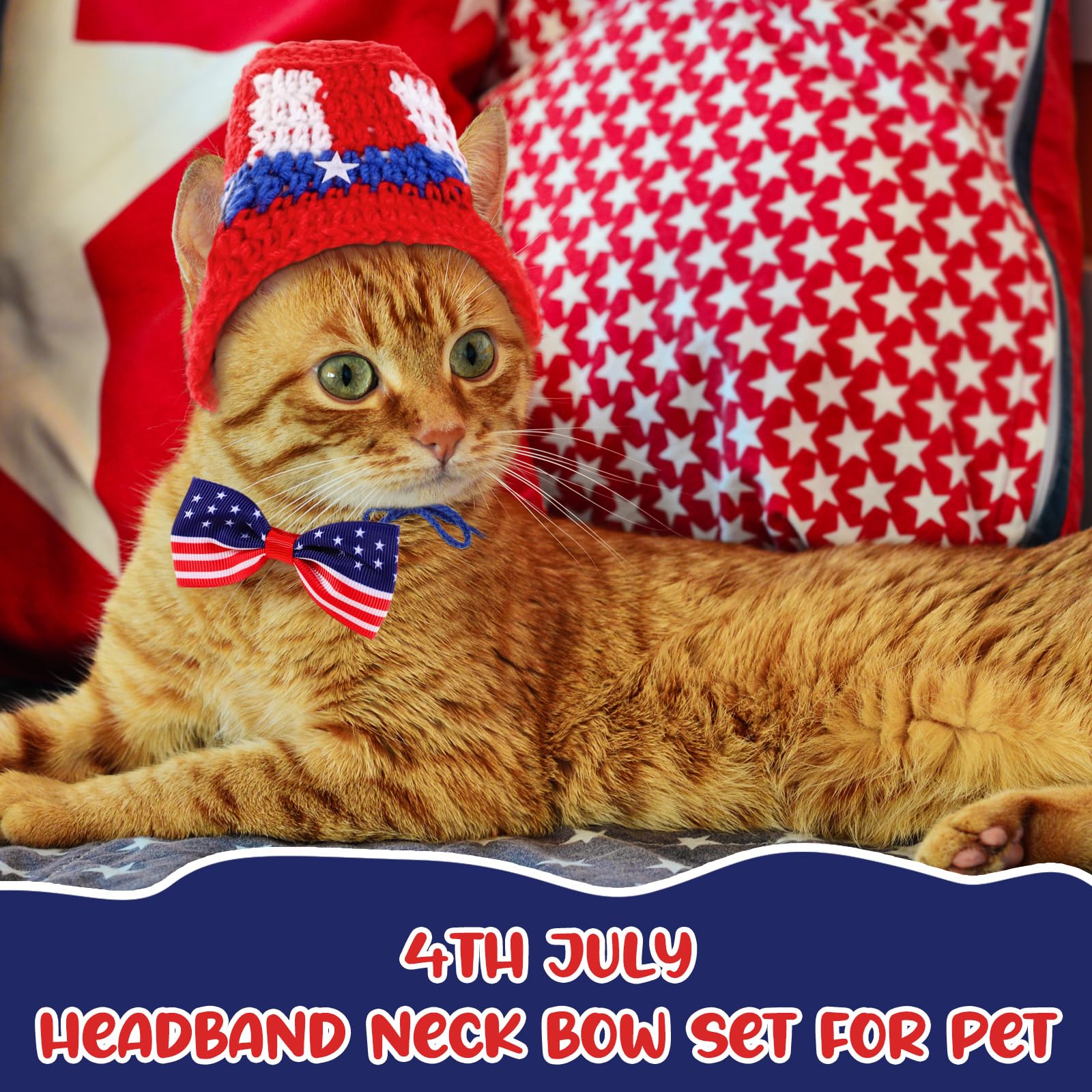 Ganeen 4 Pcs Independence Day Cat Costume 4th of July Pet Hat Headband American Flag Bow Tie Dog Cap USA Small Animal Top Hats N