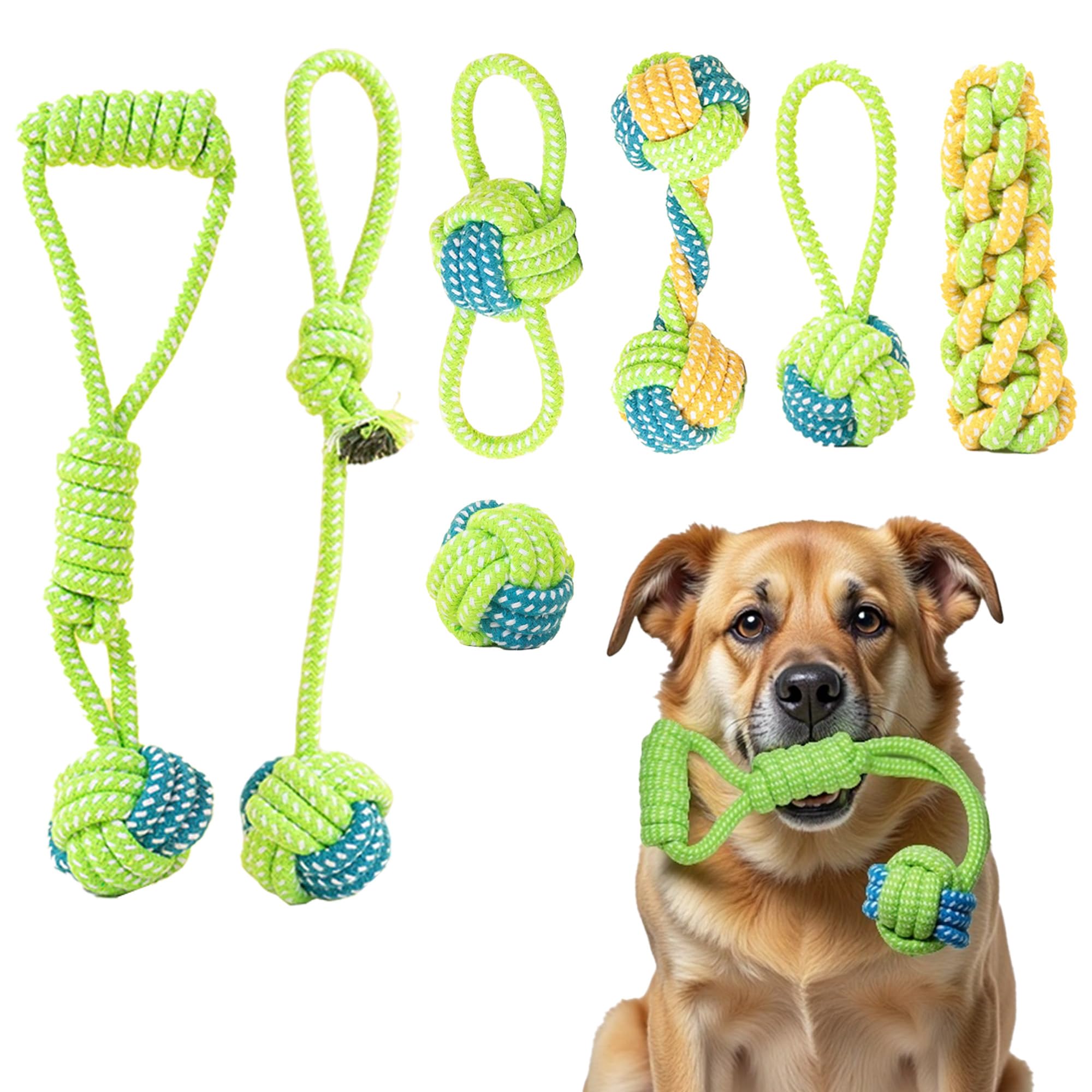 DSUMD 7 Pack Dog Rope Toys, Interactive Tough Chew Toys for Small and Medium Dogs, Clean Teeth and Relieve Boredom, Tug of War, 