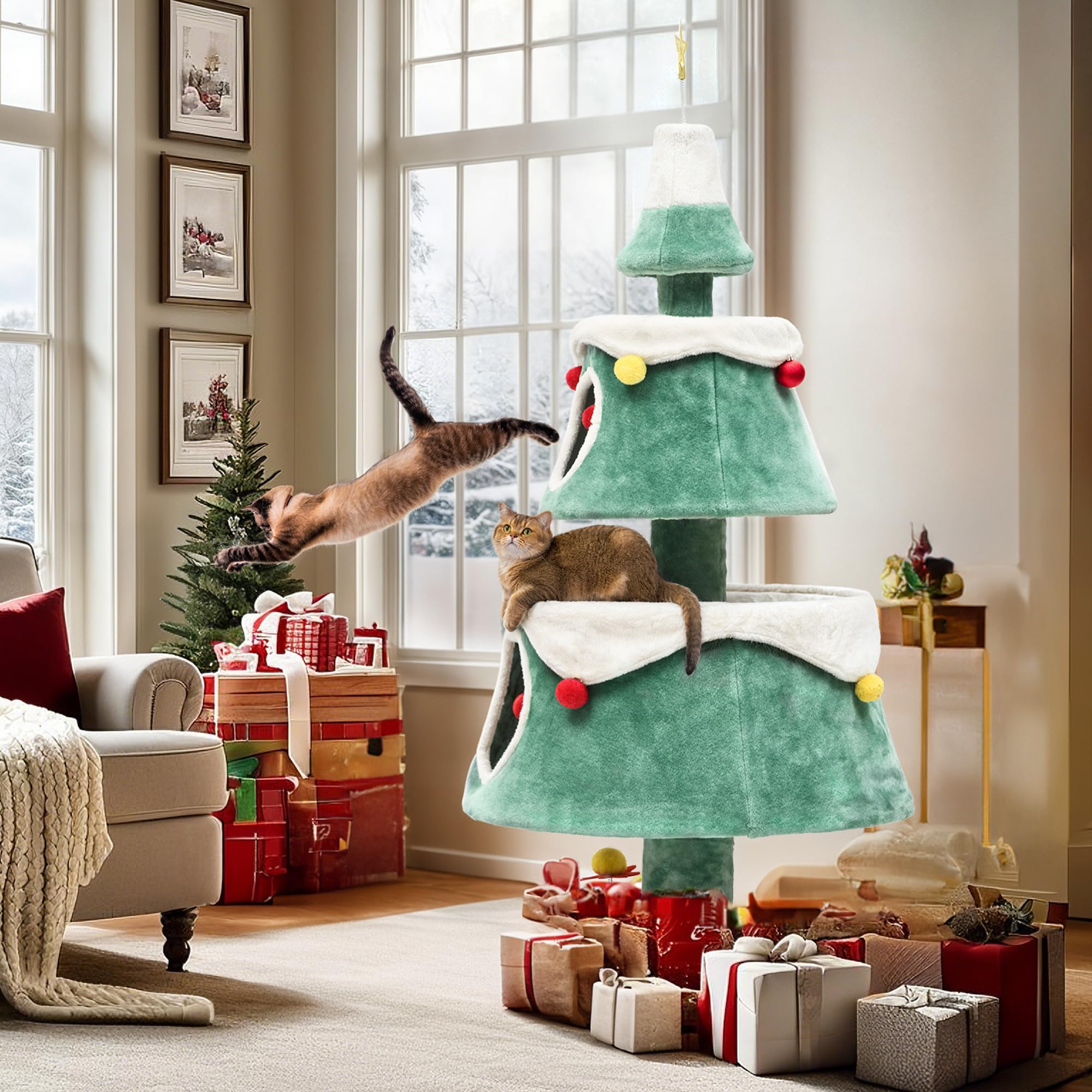 Yitahome 63 Christmas Cat Tree With Cat Teaser Toy, Cat Tower For Indoor Cats With 2 Cat House, Christmas Tree Design With Plu