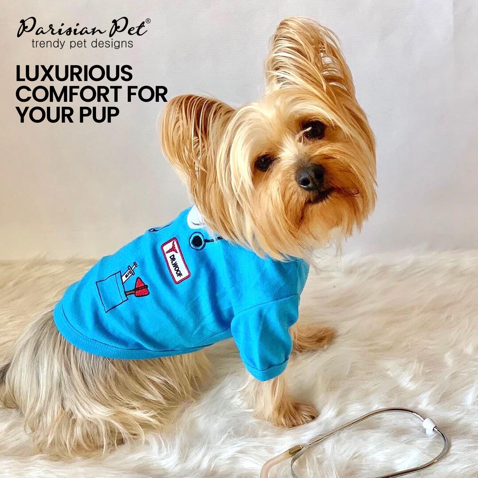 Parisian Pet Doctor Woof Dog Shirt - Embroidered Dog Pirate Costume - 100% Cotton & Polyester Doctor Outfit For Dog - Sleeved Dog Clothes - Blue Funny Dog Shirts For Large Dogs - Pet Costumes - 3Xl