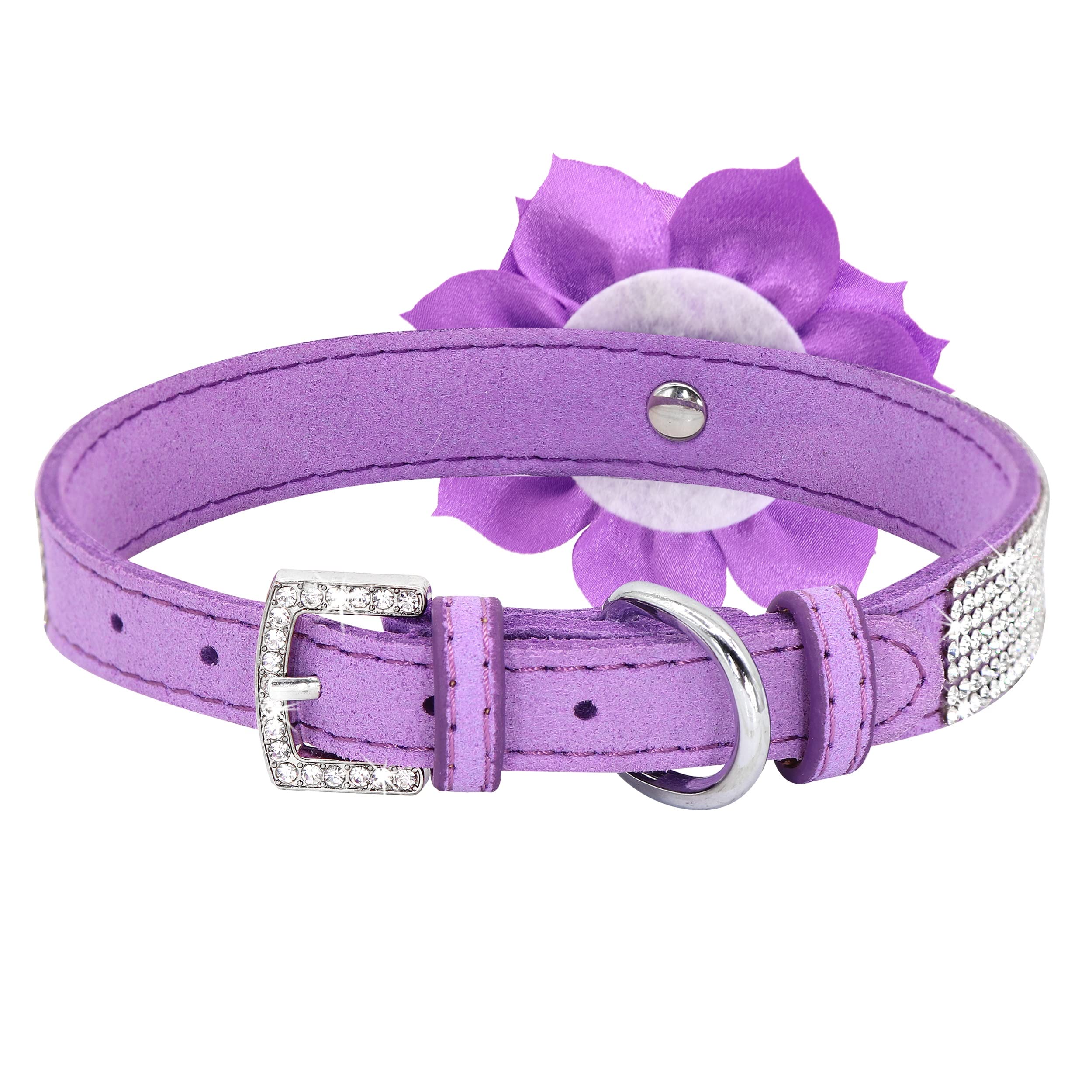 Pet Artist Cute Girl Rhinestone Suede Dog Collars For Small Dogs Cats,Soft Flower Dog Collar,Bling Dog Collars For Small Puppy Dogs Purple Collar, Xs:Neck 7.5-10'(19-25Cm)