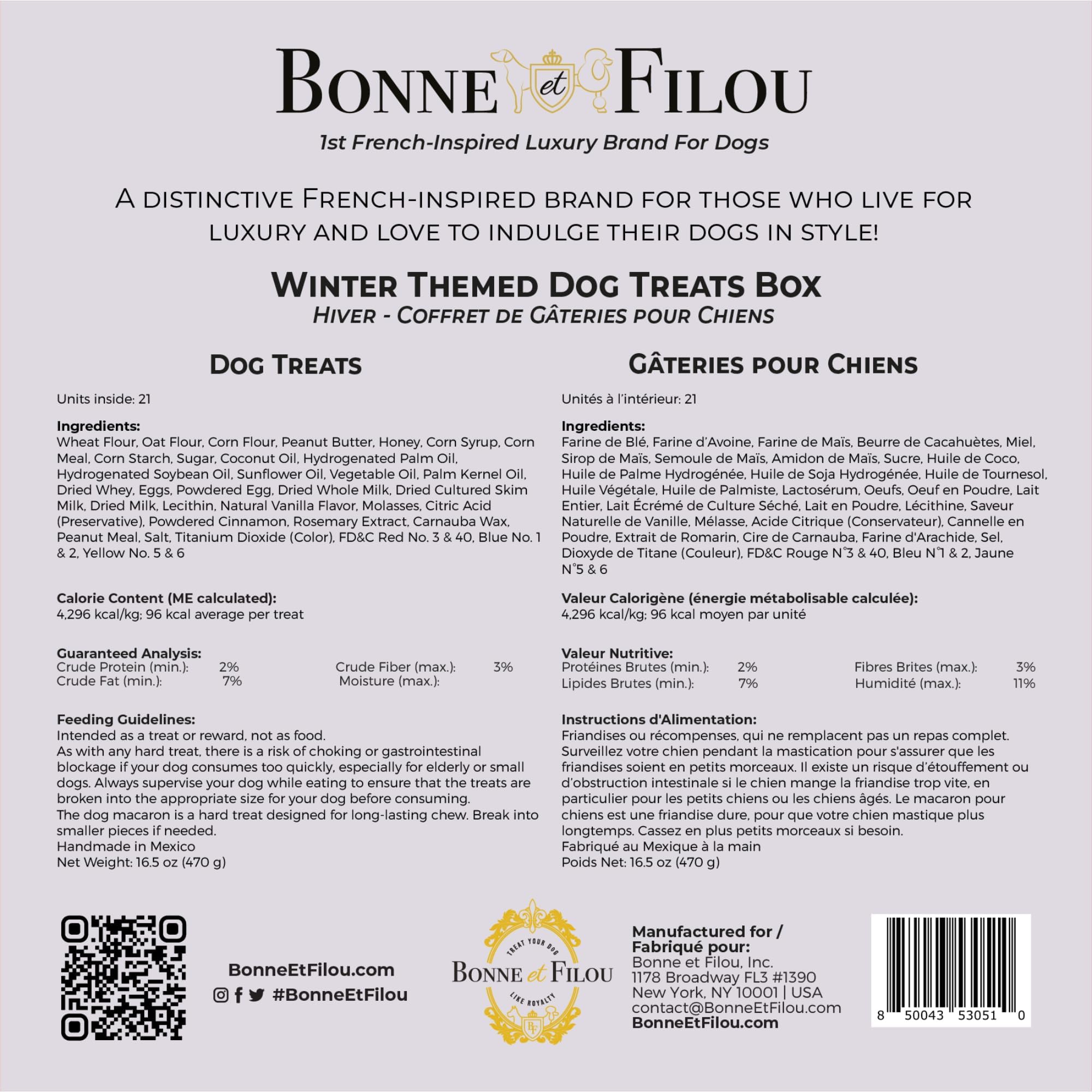 Bonne et Filou Winter Dog Treats, Gourmet Gift Box, 21 Luxury Macarons, Truffles & Bone Cookies, Healthy & Delicious Treats for