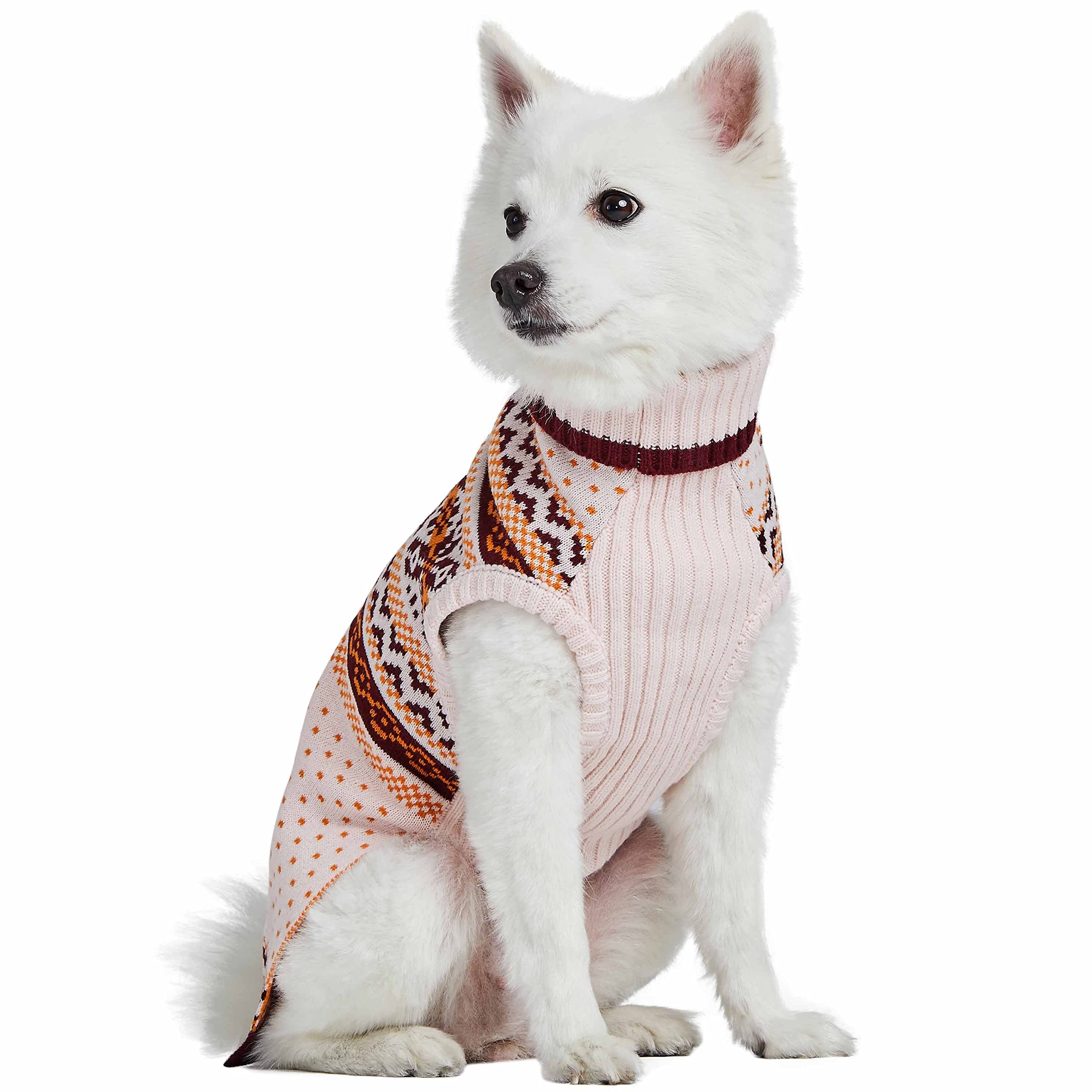 Blueberry Pet Artisan Chic Turtleneck Fair Isle Fall Winter Pullover Dog Sweater In Beige, Back Length 12', Warm Clothes For Small Dogs