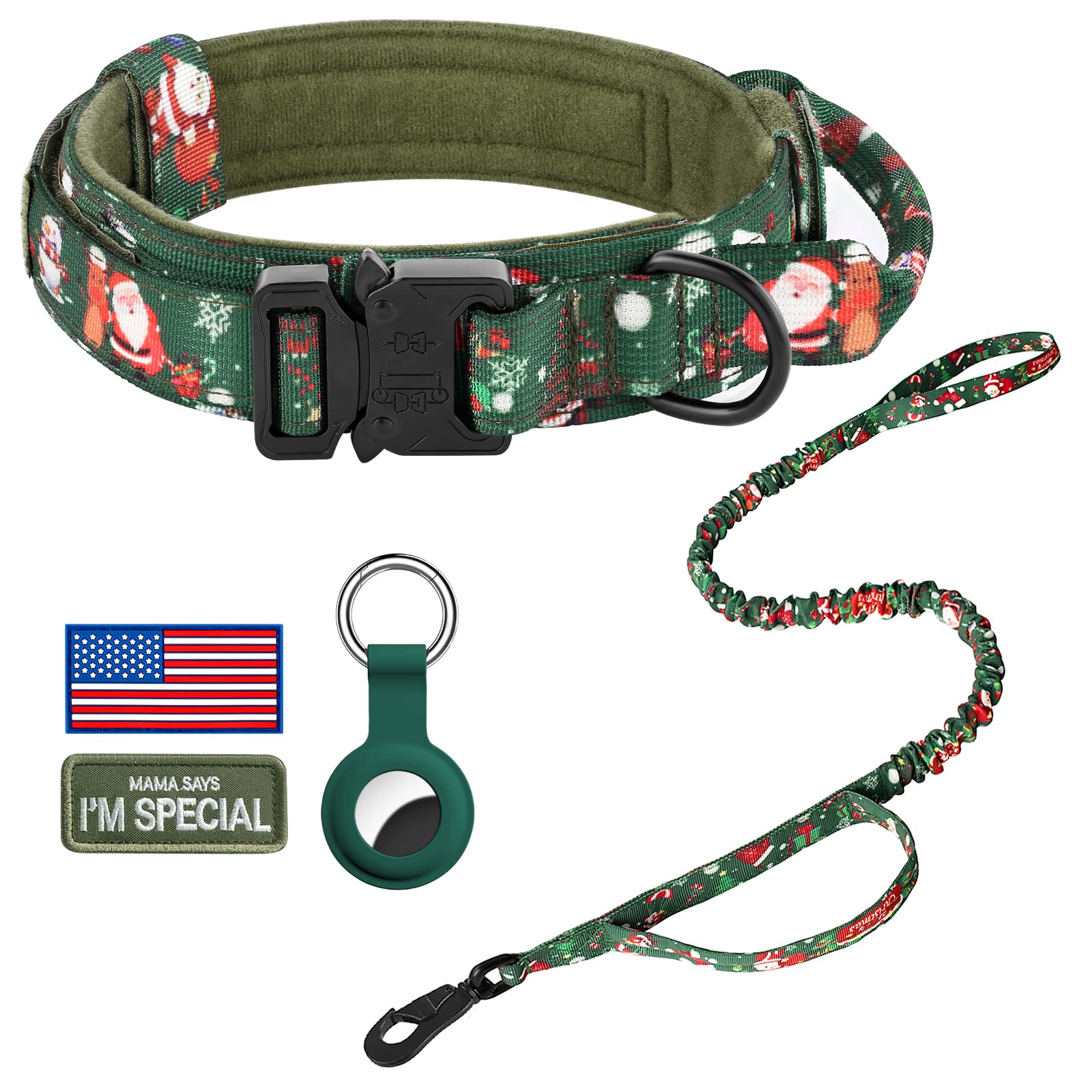 Daganxi Tactical Dog Collar, Adjustable Military Training Nylon Dog Collar With Control Handle And Heavy Metal Buckle For Medium And Large Dogs, With Patches And Airtags Case (Xl, Christmas Green-Set)
