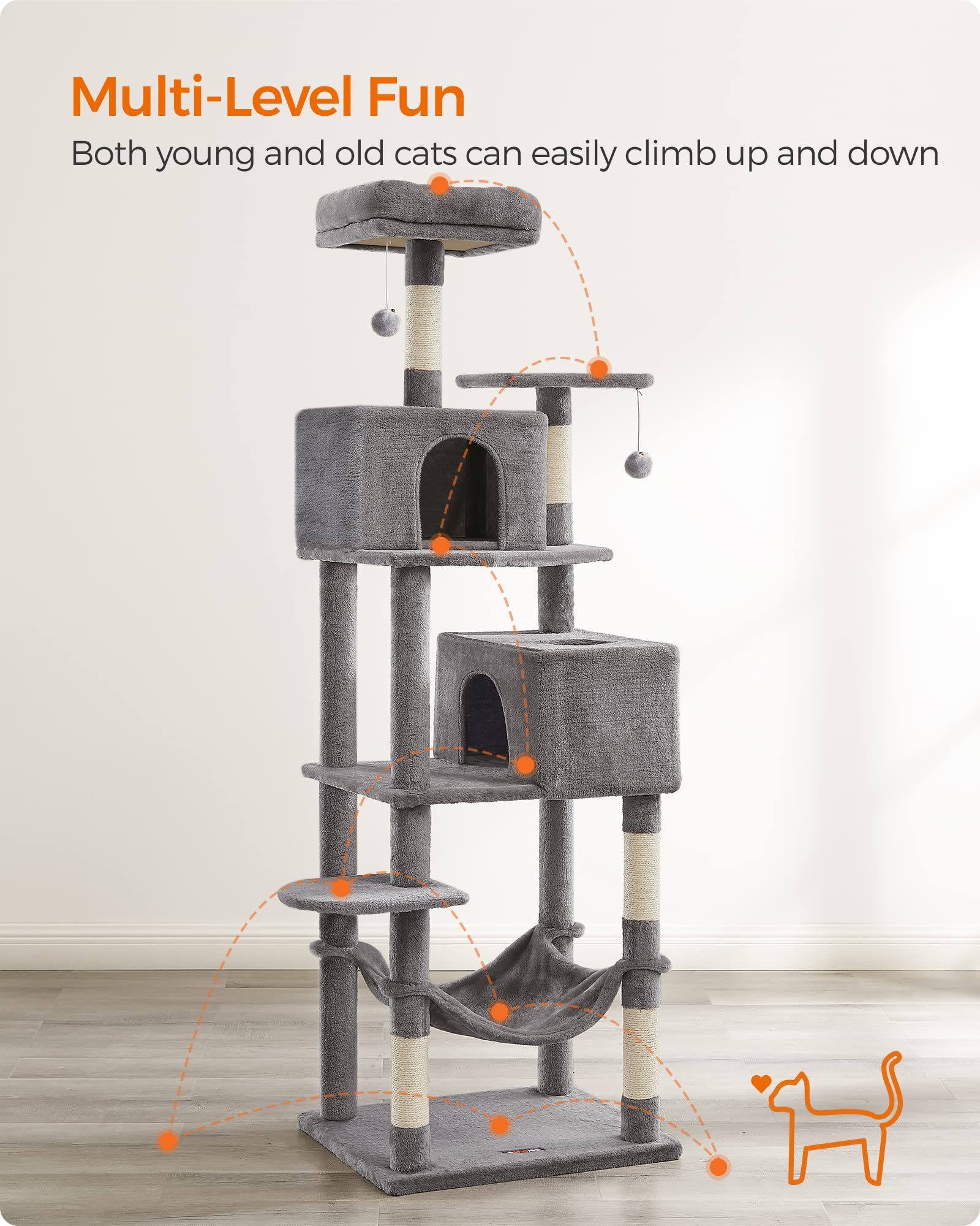 Feandrea Cat Tree, 75.2-Inch Cat Tower For Indoor Cats, Plush Multi-Level Cat Condo With 5 Scratching Posts, 2 Perches, 2 Caves, Hammock, 2 Pompoms, Light Gray Upct191W01