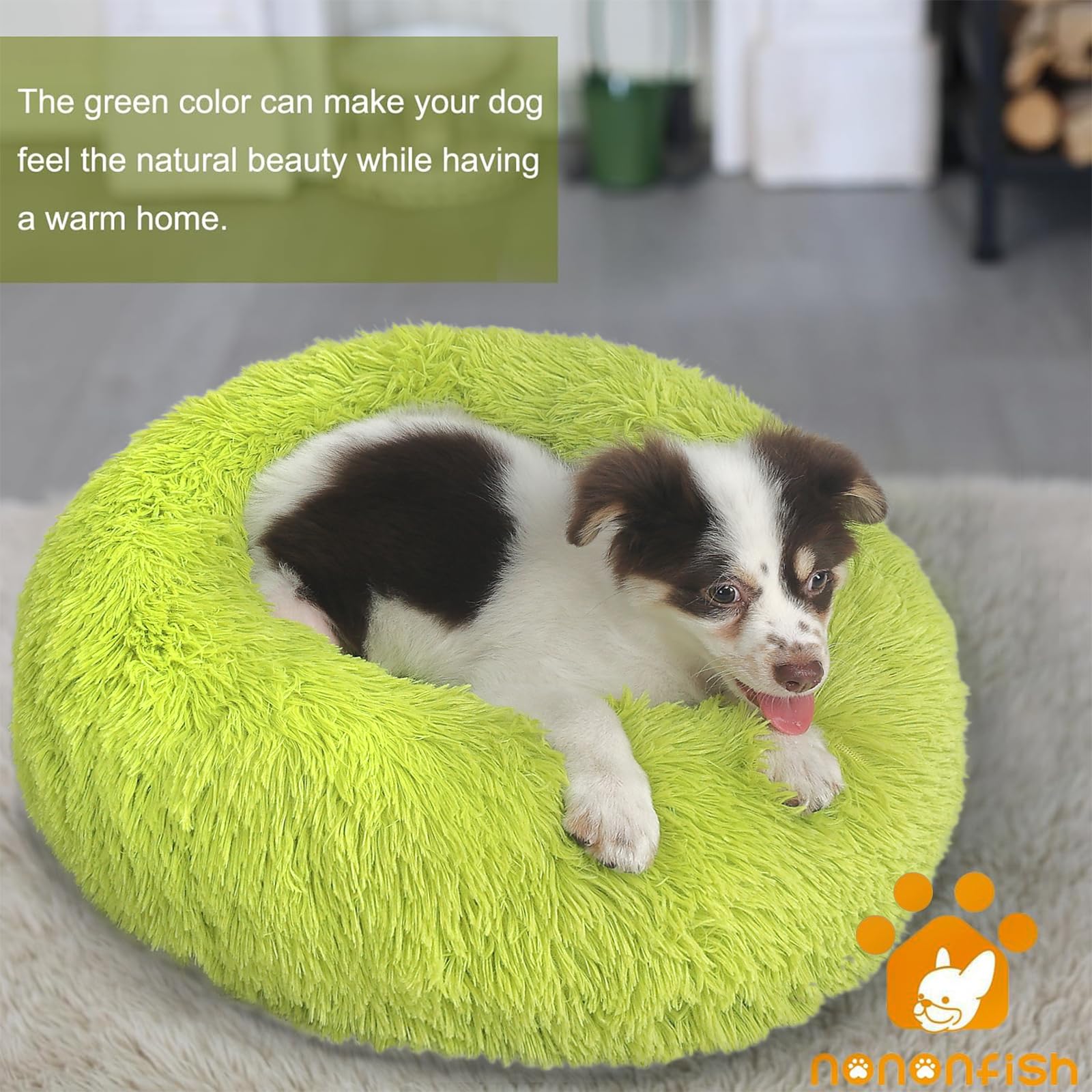 Nononfish Small Dog Bed Calming Dogs Bed For Small Dogs Anti-Anxiety Puppy Bed Machine Washable Fluffy Luxury Anti-Slip Waterproof Mute Base Warming Cozy Soft Pet Round Bed, Grass Green