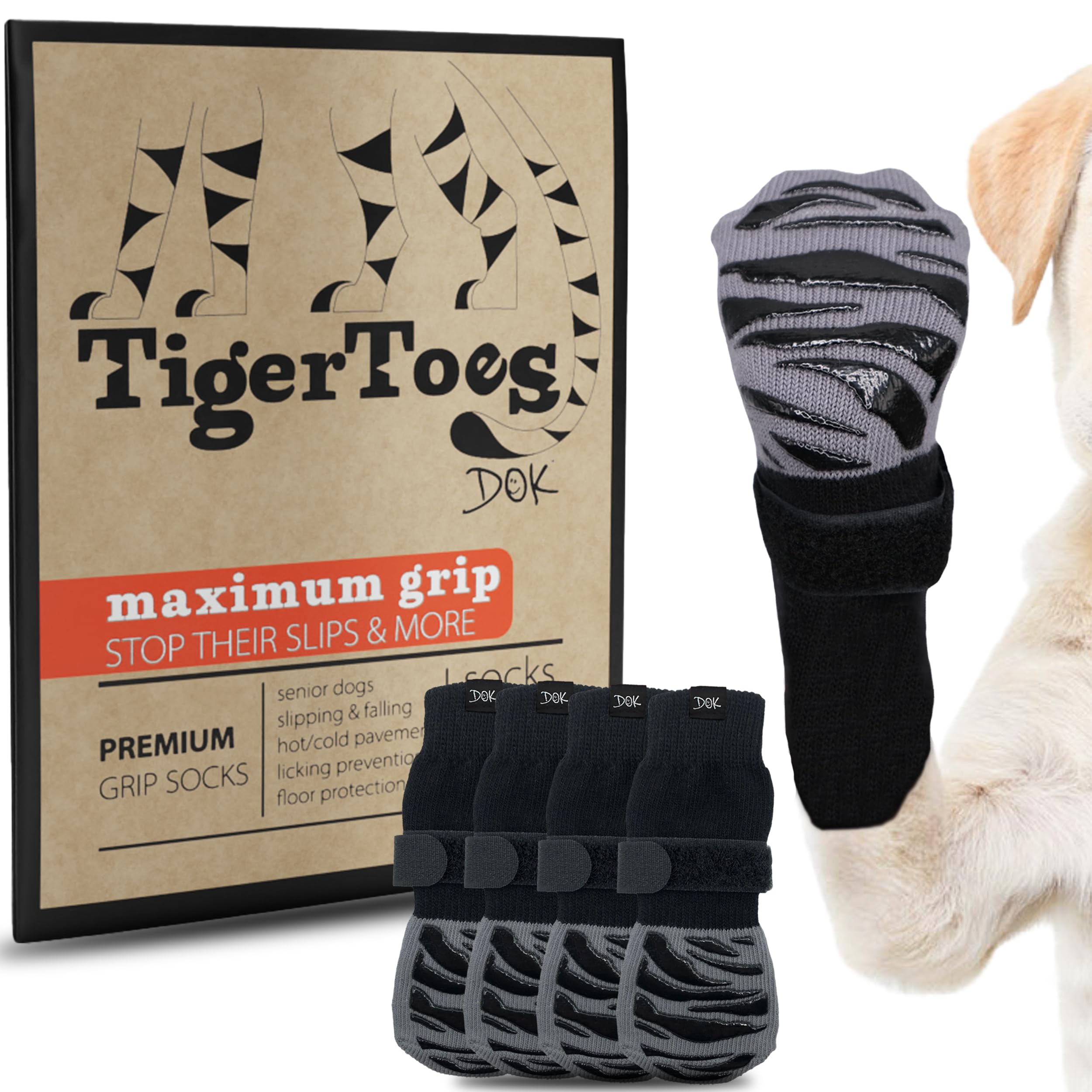 DOK TigerToes Premium Non-Slip Dog Socks for Hardwood Floors - Extra-Thick Grip That Works Even When Twisted - Prevents Licking,
