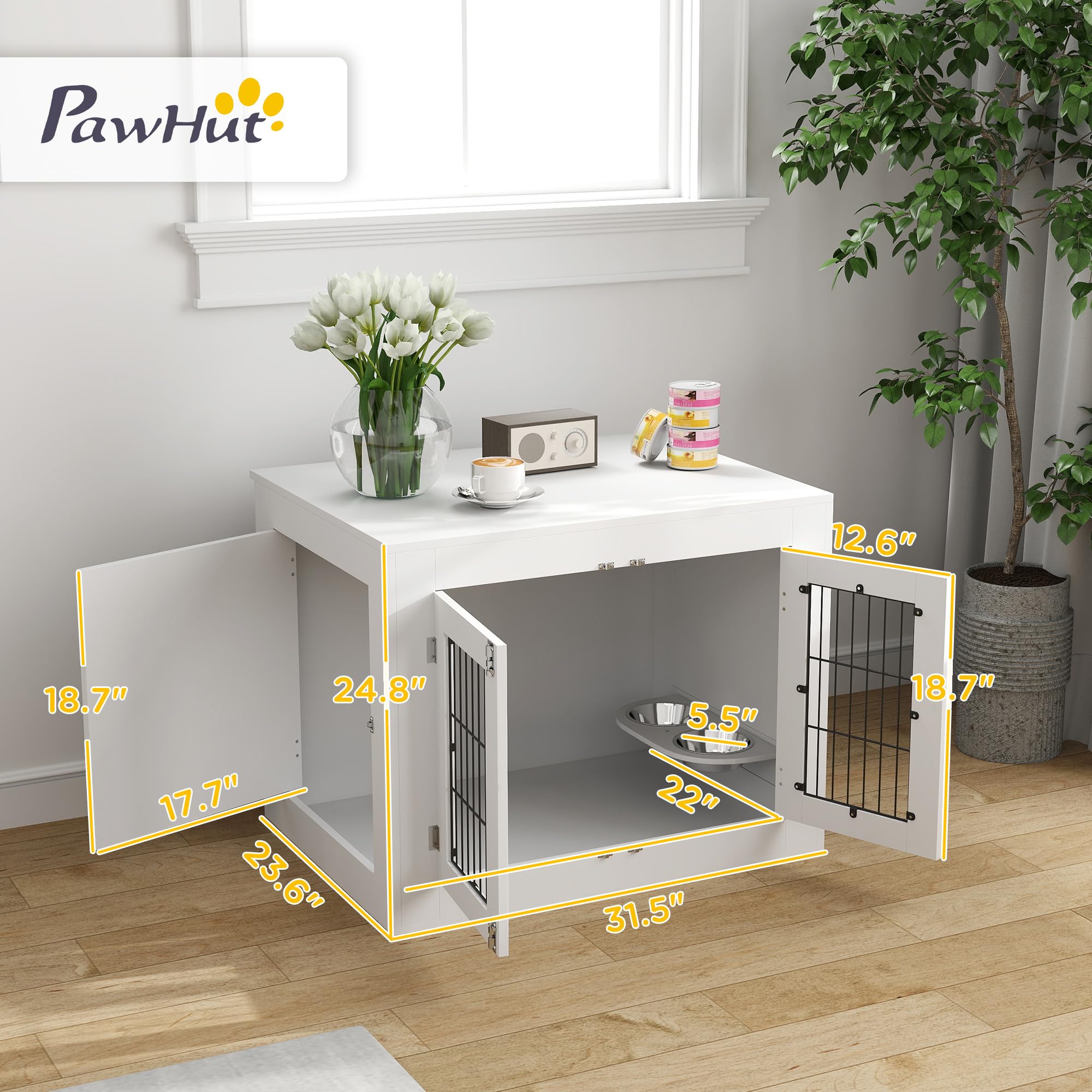 PawHut Dog Crate Furniture with Removable Bowls, 31.5"x23.6"x24.8", Engineered Wood, White, Model D02-212V00WT