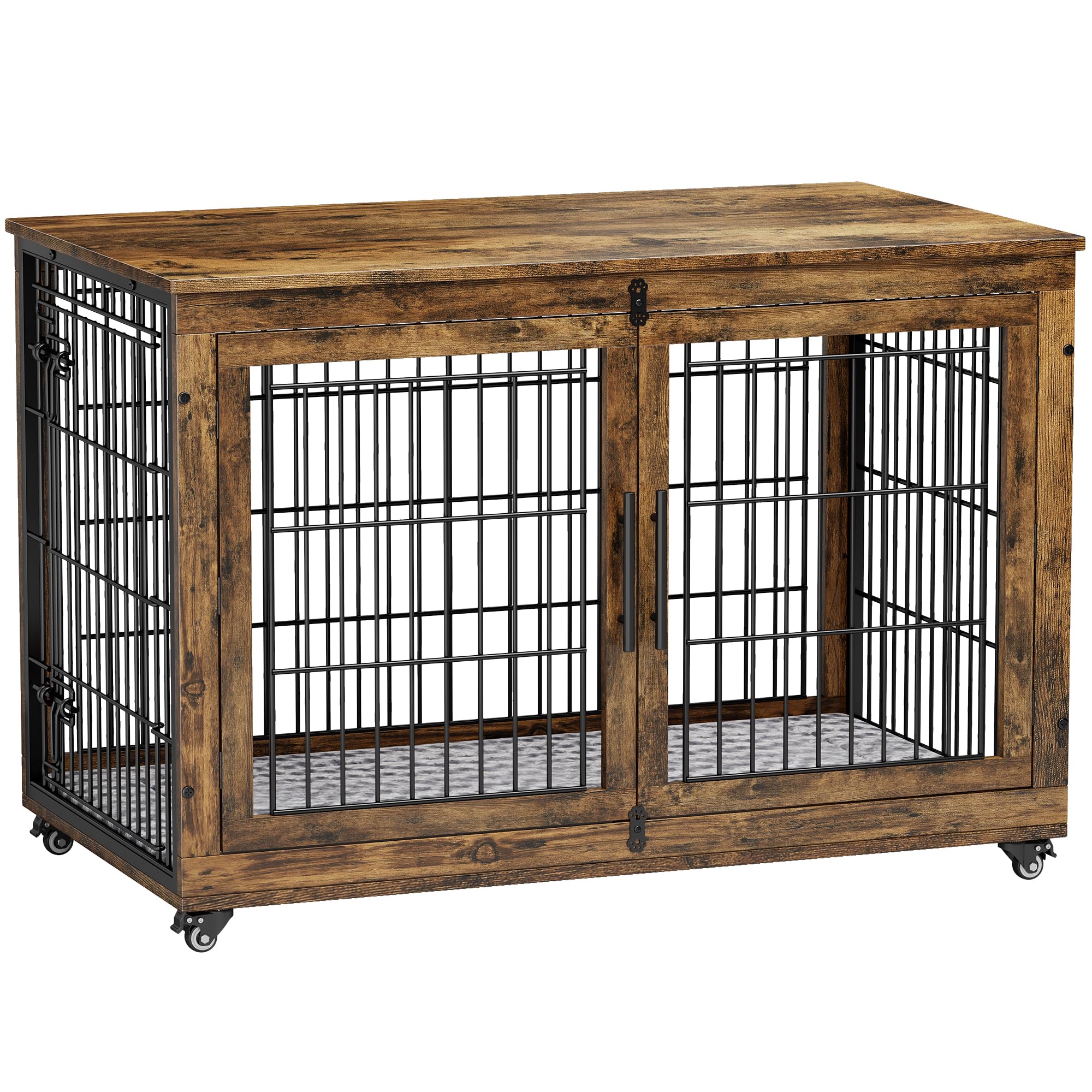 Lulive Dog Crate Furniture, XL Wooden Dog Kennel Indoor Double Doors Dog Cage, 44   Heavy Duty Dog Crate with Cushion & Wheels