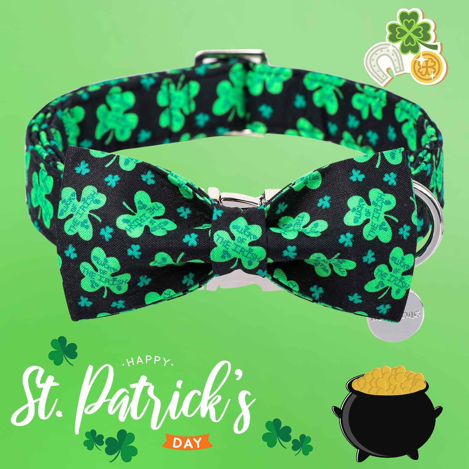 Dogwong Green Lucky Clover Shamrock Dog Collar With Bowtie, Soft Adjustable St. Patrick'S Day Lucky Charm Black Puppy Collar For