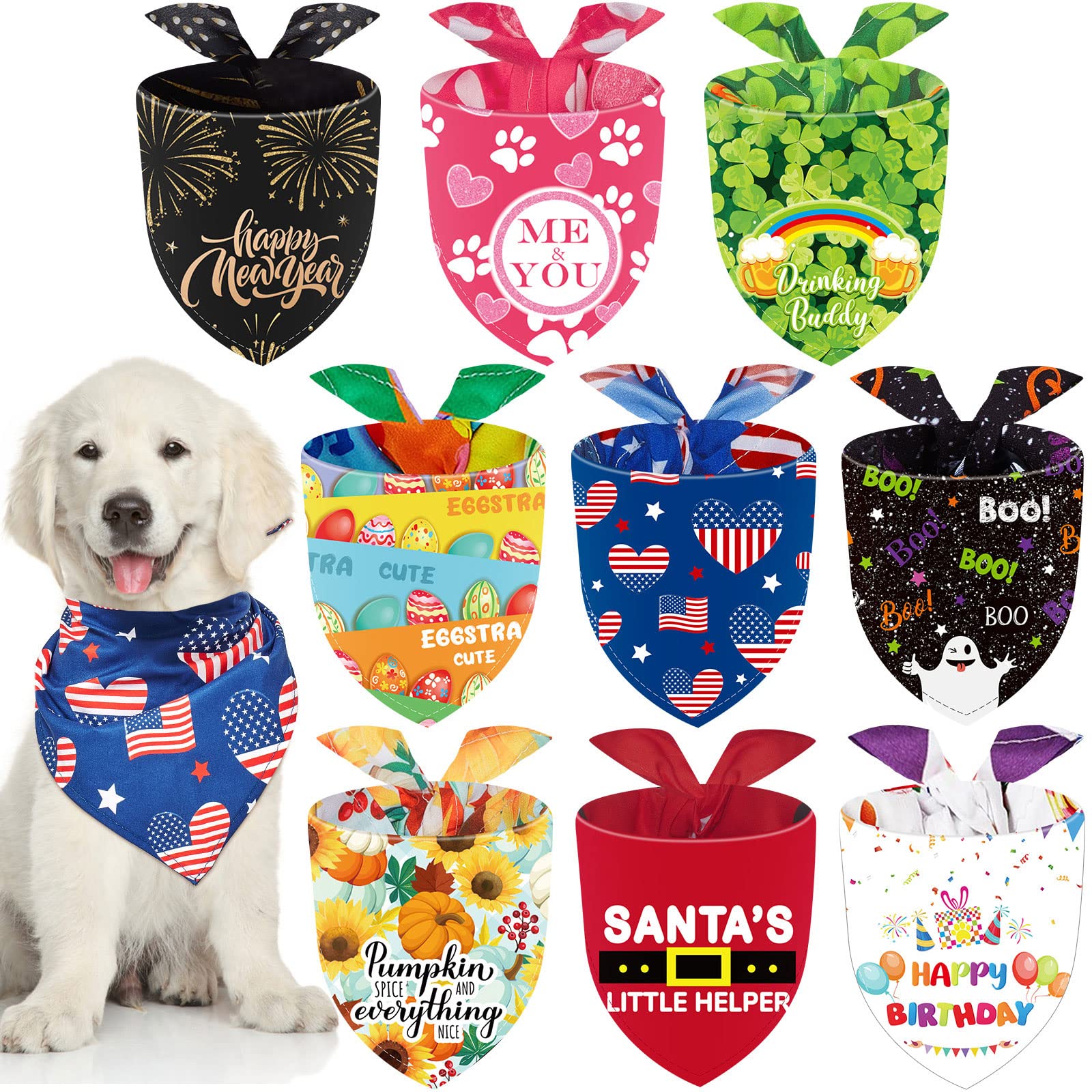 Weewooday 9 Pcs Holiday Dog Bandanas Patriotic Bandanas Birthday Scarf Adjustable Large Pet Washable Scarves For Large Dog Costu