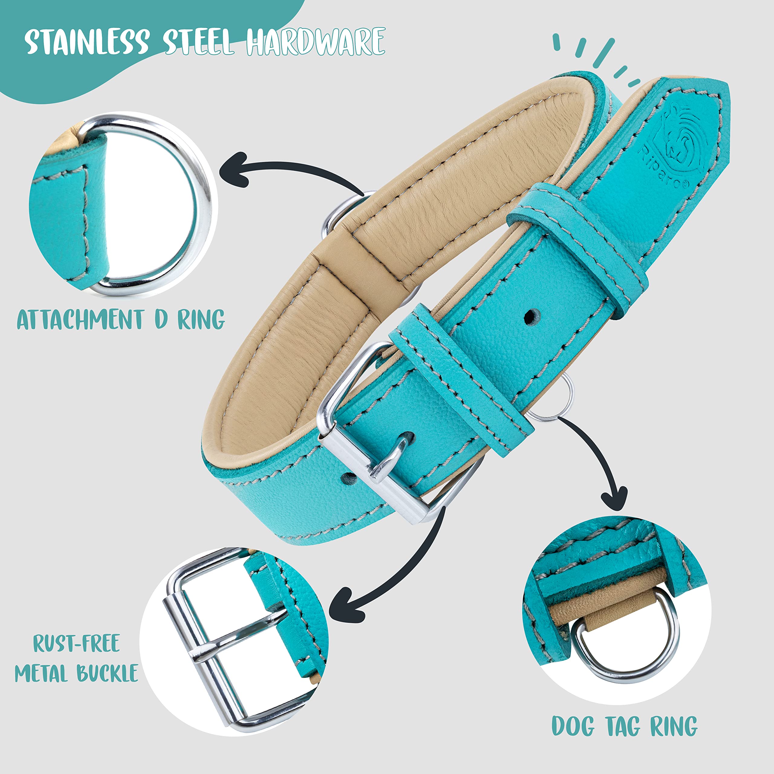 Riparo Large Dog Collar, Dog Collar For Large Dogs, Teal Dog Collar With Dog Tag Holder (L, Aqua)