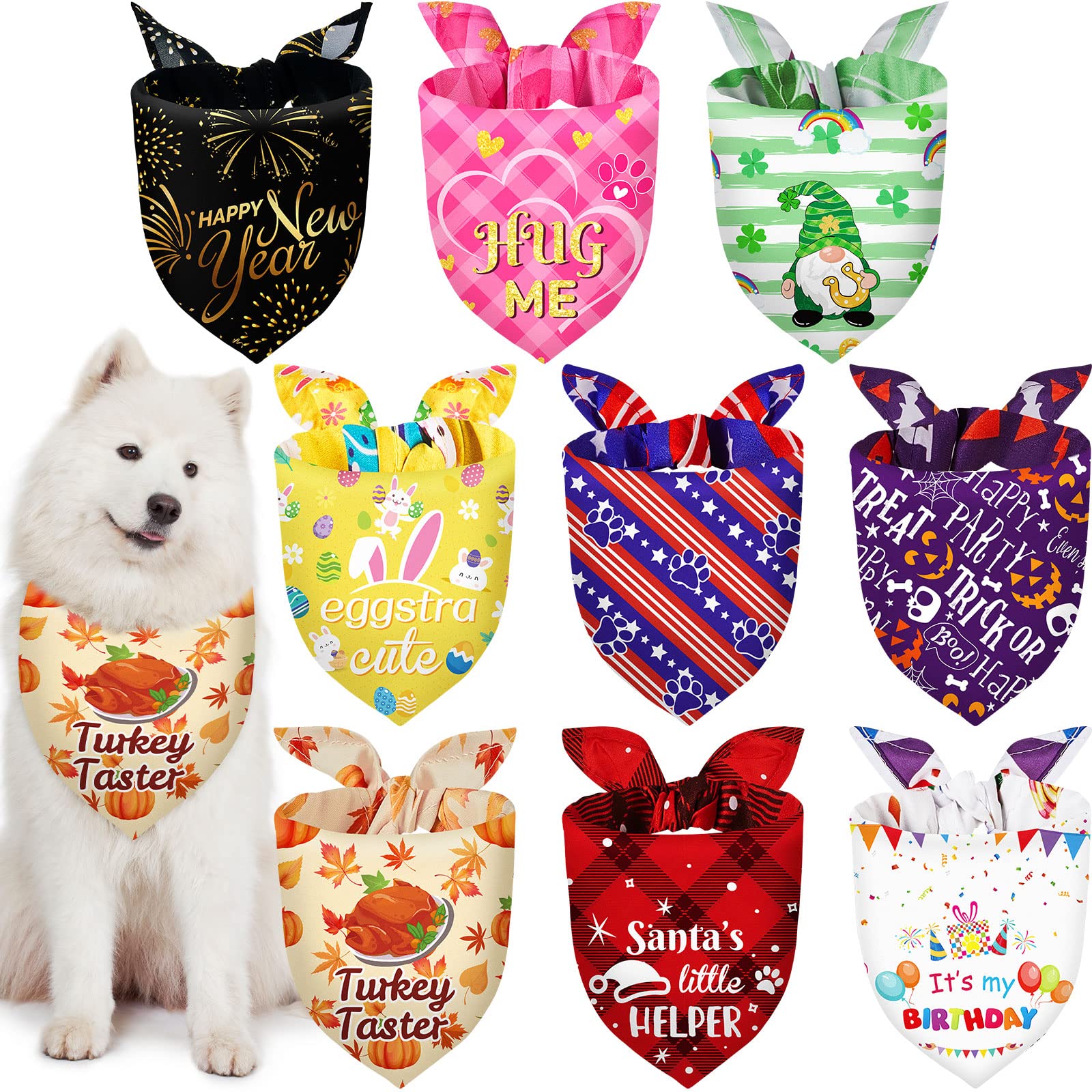 Weewooday 9 Pcs Holiday Dog Bandanas Halloween Dog Bandanas Thanksgiving Christmas Dog Scarf Adjustable Large Pet Scarf Washable