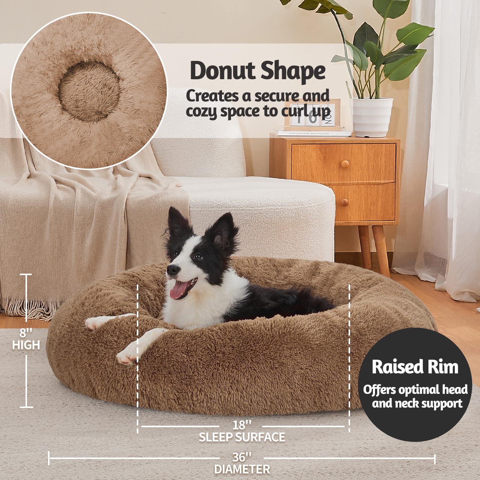 Ohgeni Calming Donut Dog & Cat Bed, Machine Washable Plush Waterproof Zipper Cover, Anti-Slip Round Cuddle Comfort Pet Bed, Cozy Warming Fluffy Faux Fur Bed For Medium Large Dogs, Ocher, 36 Inches