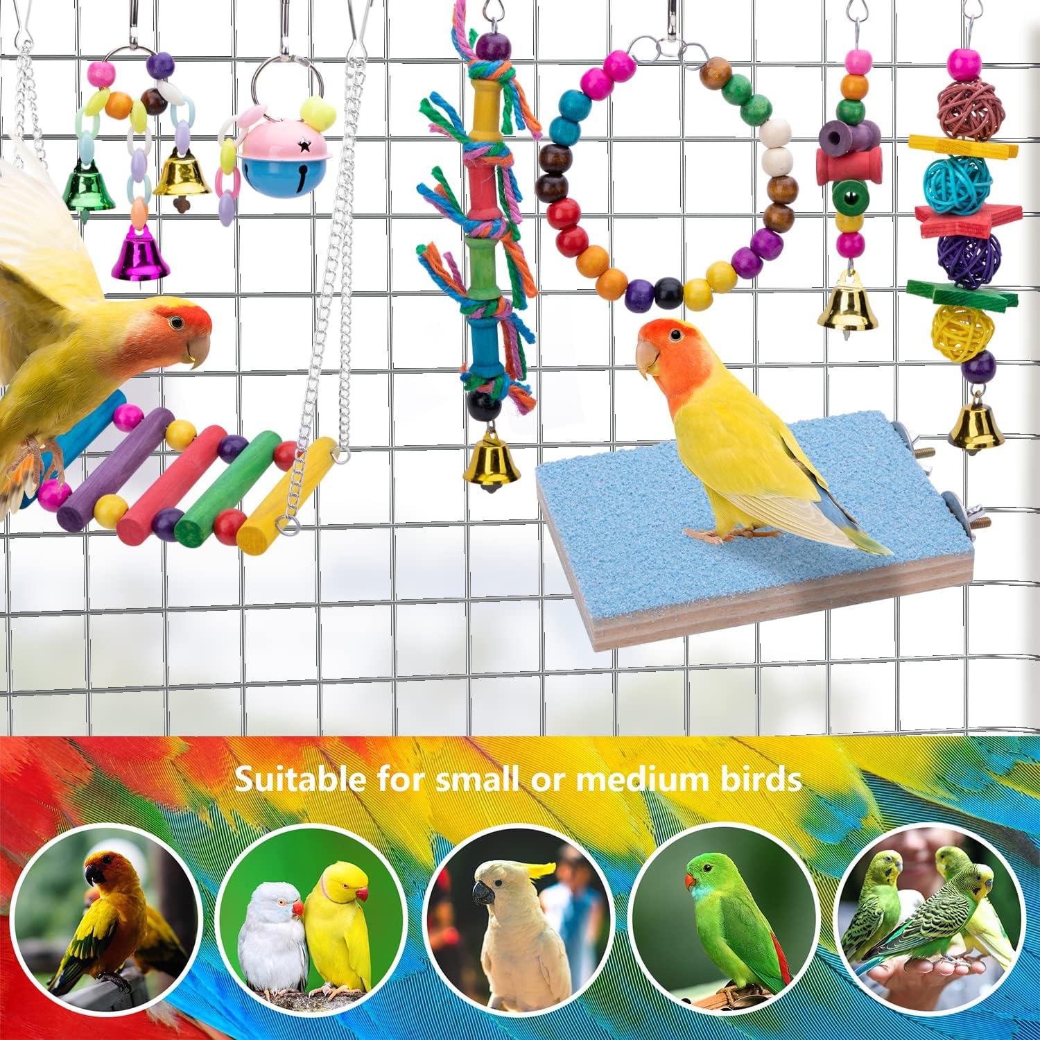 Deloky 8 Packs Bird Swing Chewing Toys- Parrot Hammock Bell Toys Suitable For Small Parakeets, Cockatiels, Conures, Finches,Budgie,Macaws, Parrots, Love Birds