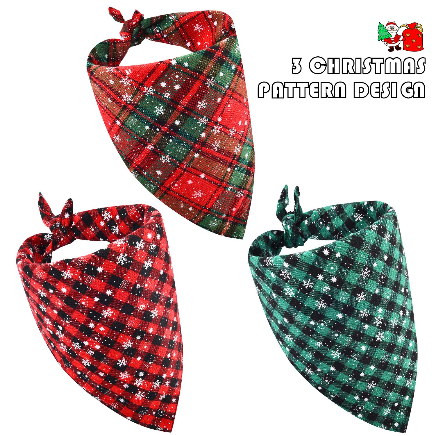 Syhood 3 Pieces Christmas Pet Bandanas Red Green Buffalo Plaid Snowflake Dog Bandanas Pet Bibs Triangle Scarf Accessories Adjustable Kerchief For Christmas Pet Costume