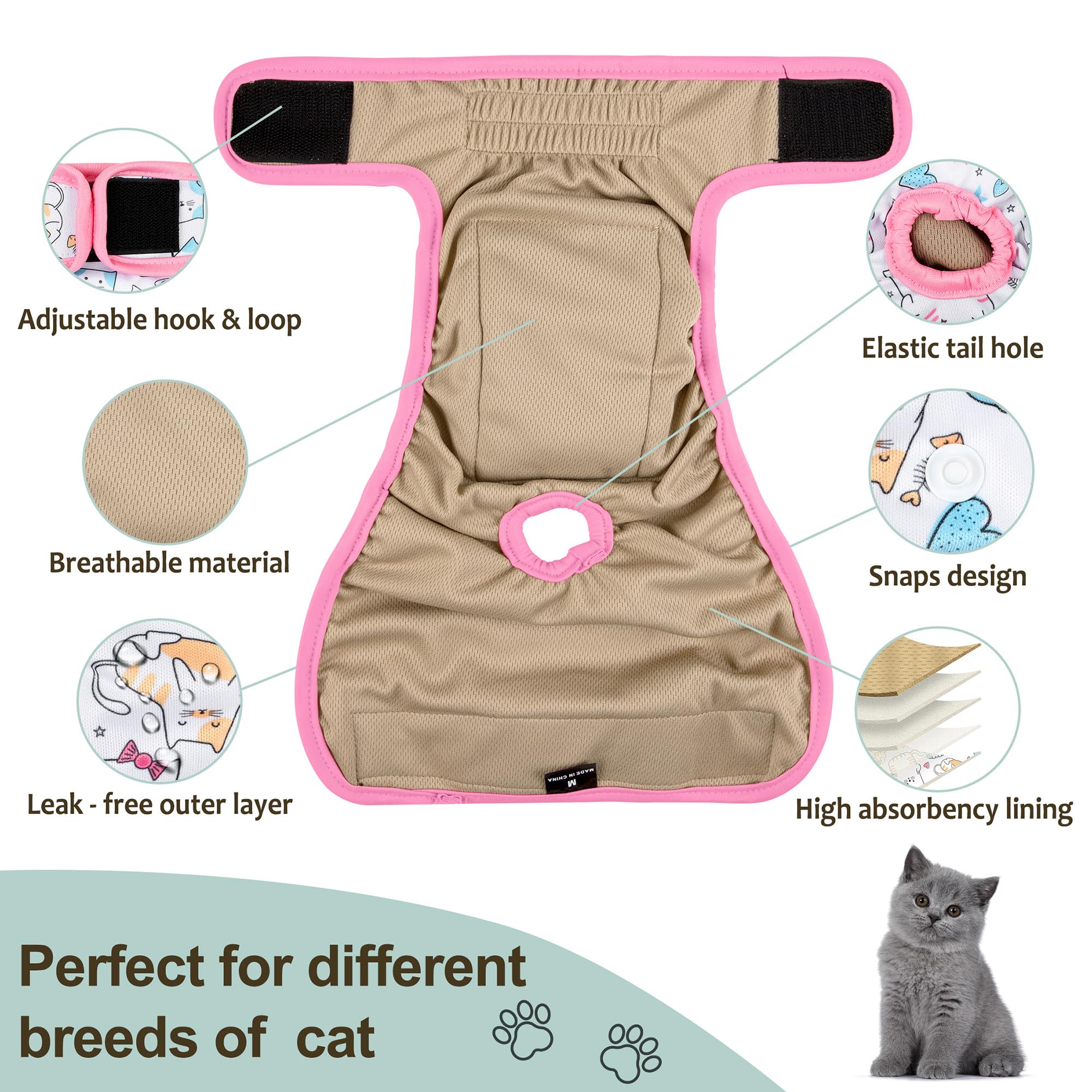 Reusable Cat Diapers 3 Pack With Good Absorbency Cat Diapers For Female Cats Small& Male Cat Easy To Put On Adorable Diapers For