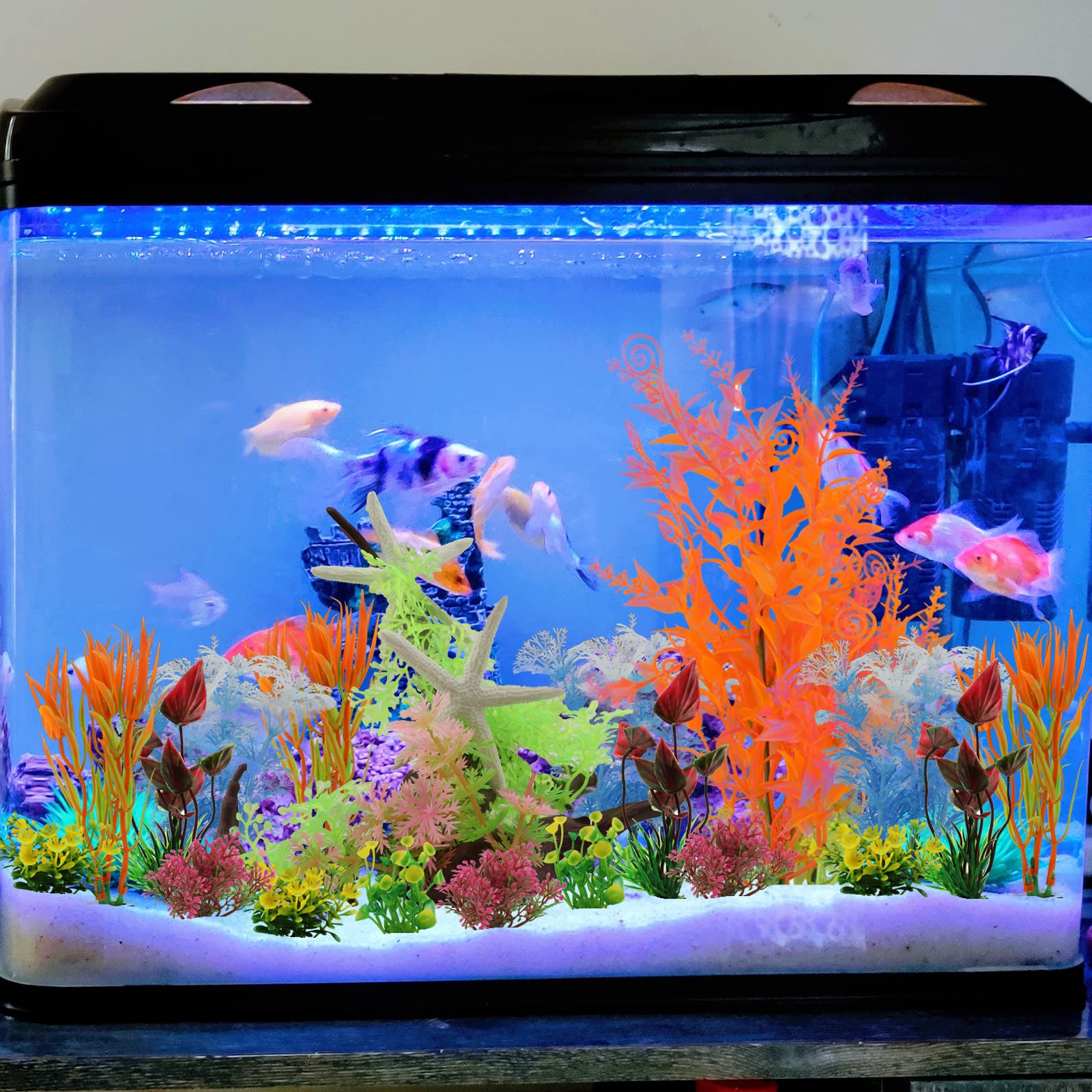 Pietypet 21 Pcs Fish Tank Decorations Plants With Artificial Tree Trunk View And Starfish, Aquarium Plants Colorful Artificial Aquatic Plants Lifelike Decor Resin Reef Resin Fish Tank Ornament