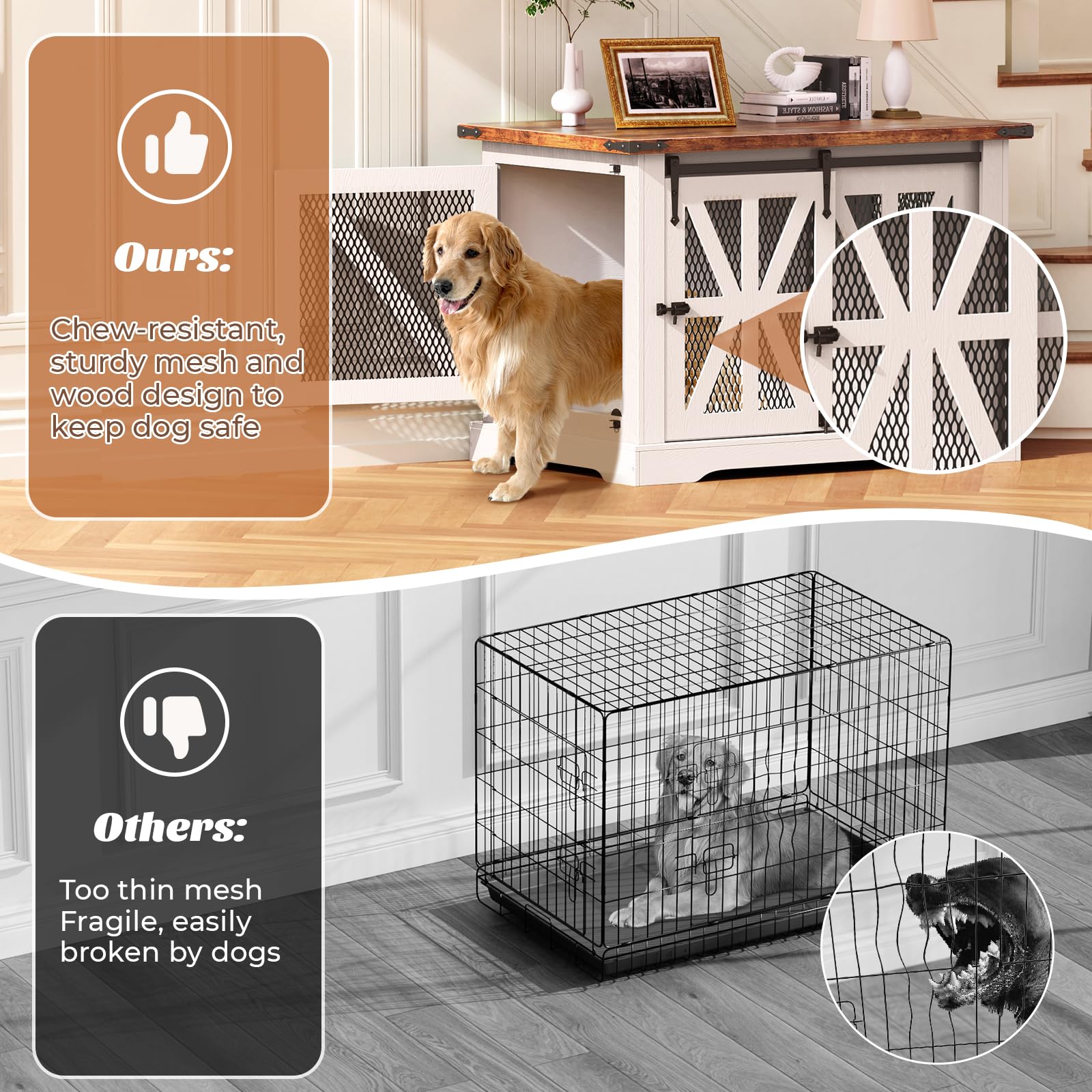 VOPEAK Farmhouse Dog Crate Furniture, Heavy Duty Large Dog Crate for Medium Large Dogs, XL Dog Cage Dog Kennel Indoor with Doubl
