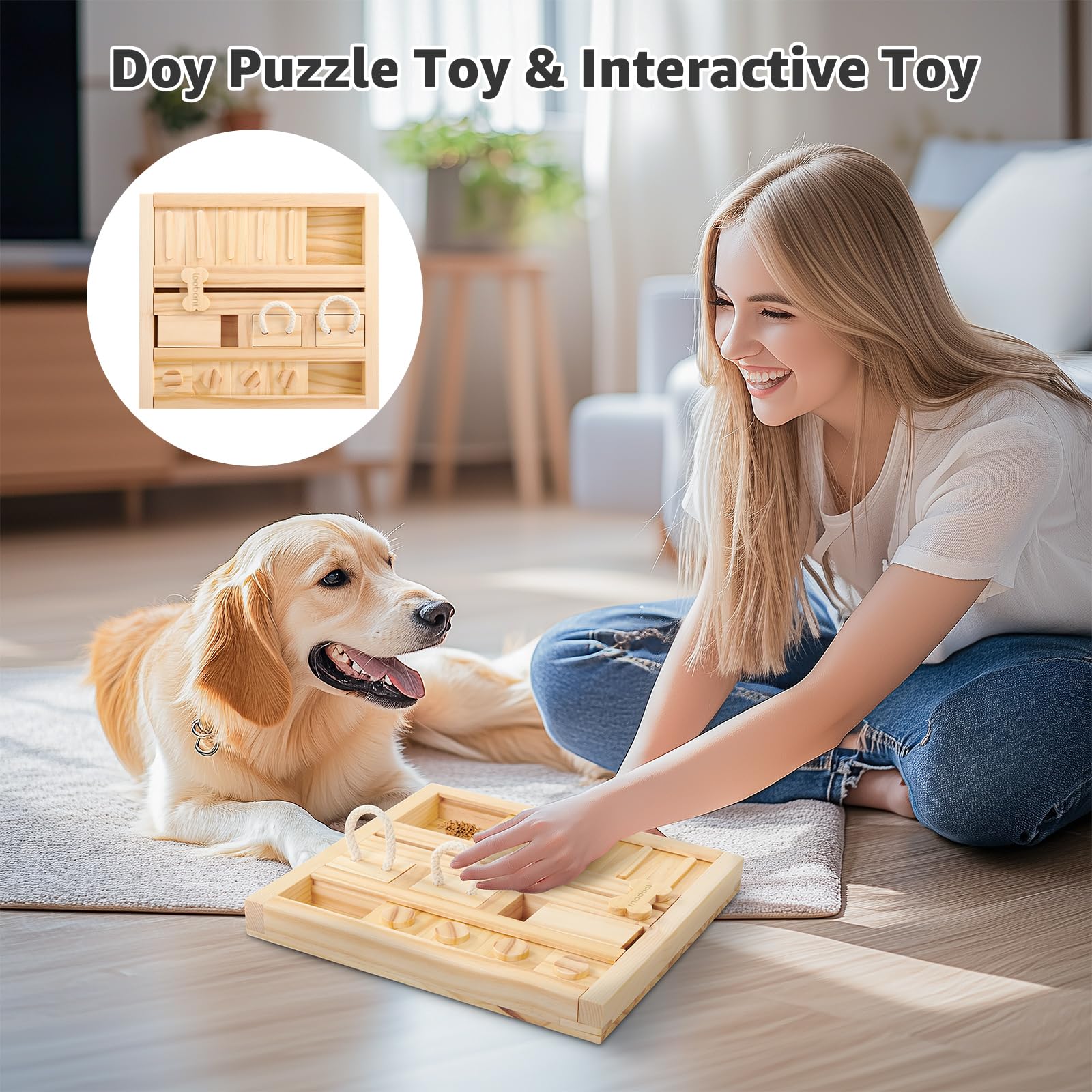 LOOBANI Dog Puzzle Toys - Wooden Interactive Slow Feeder, L-Square Slide Puzzle for Small to Large Dogs, Model OL-LB-FiveOne-CC