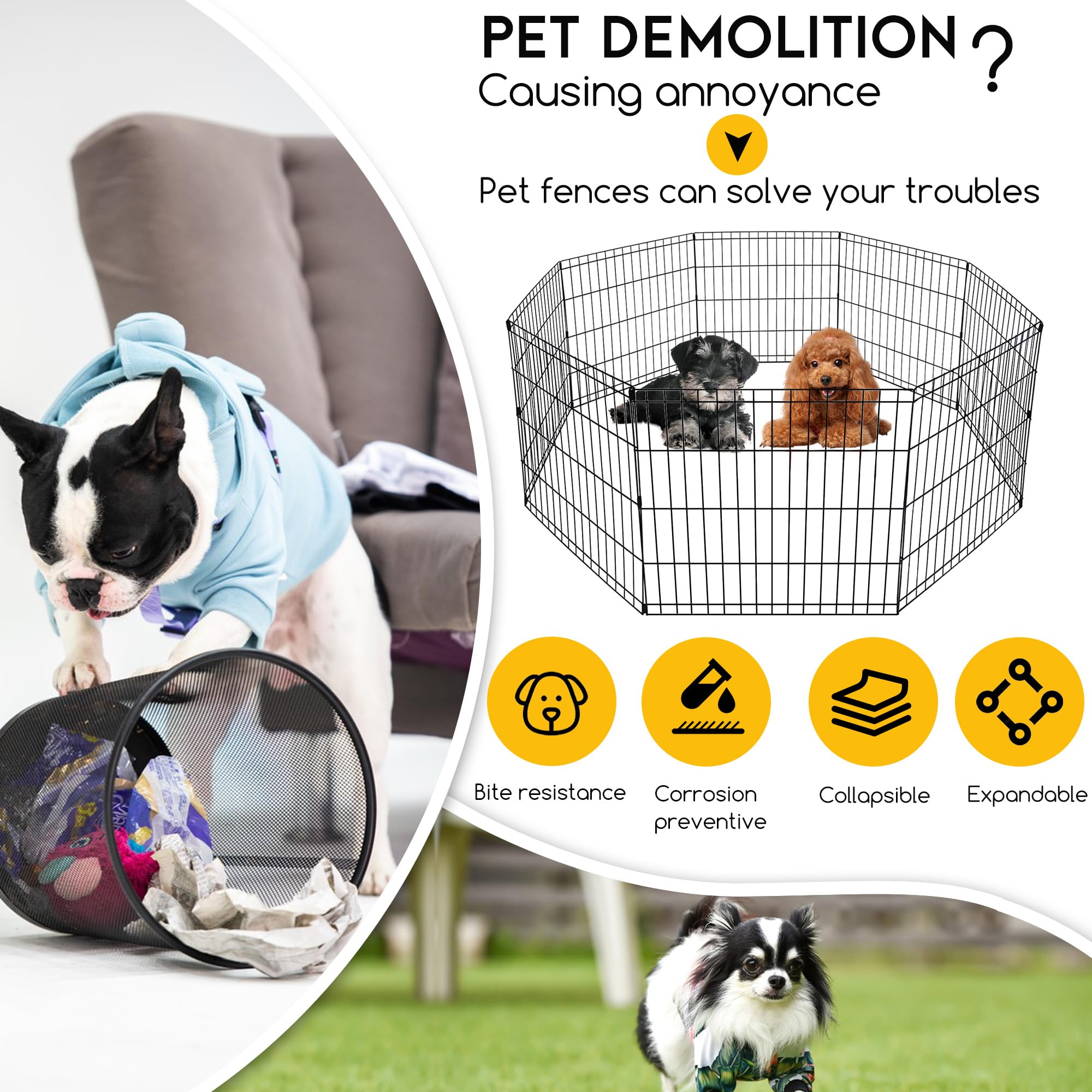 FDW 24 Inch Dog Pen 8 Panel Dog Playpen Indoor Outdoor Metal Puppy Pet Fence Portable Folding Animal Exercise Fence,Black