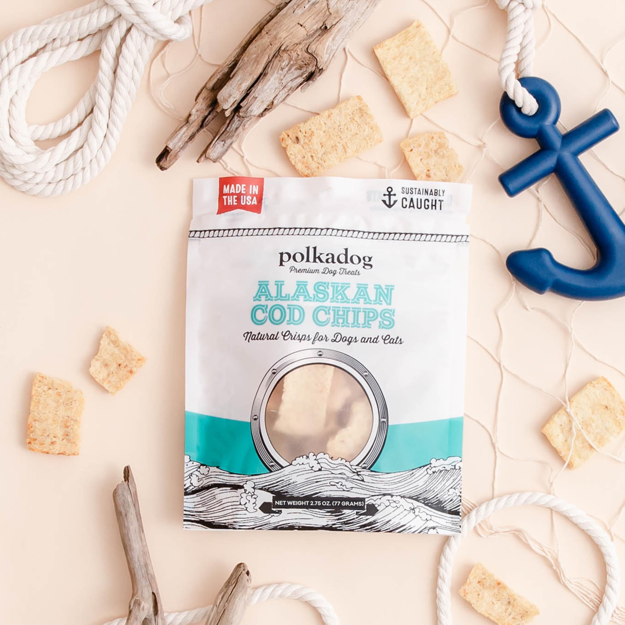 Polkadog Crunchy Alaskan Cod Chip Dog Treats - 100% Wild-Caught Fish Treat for Dogs, Cats - All-Natural, Grain-Free, Gluten-Free