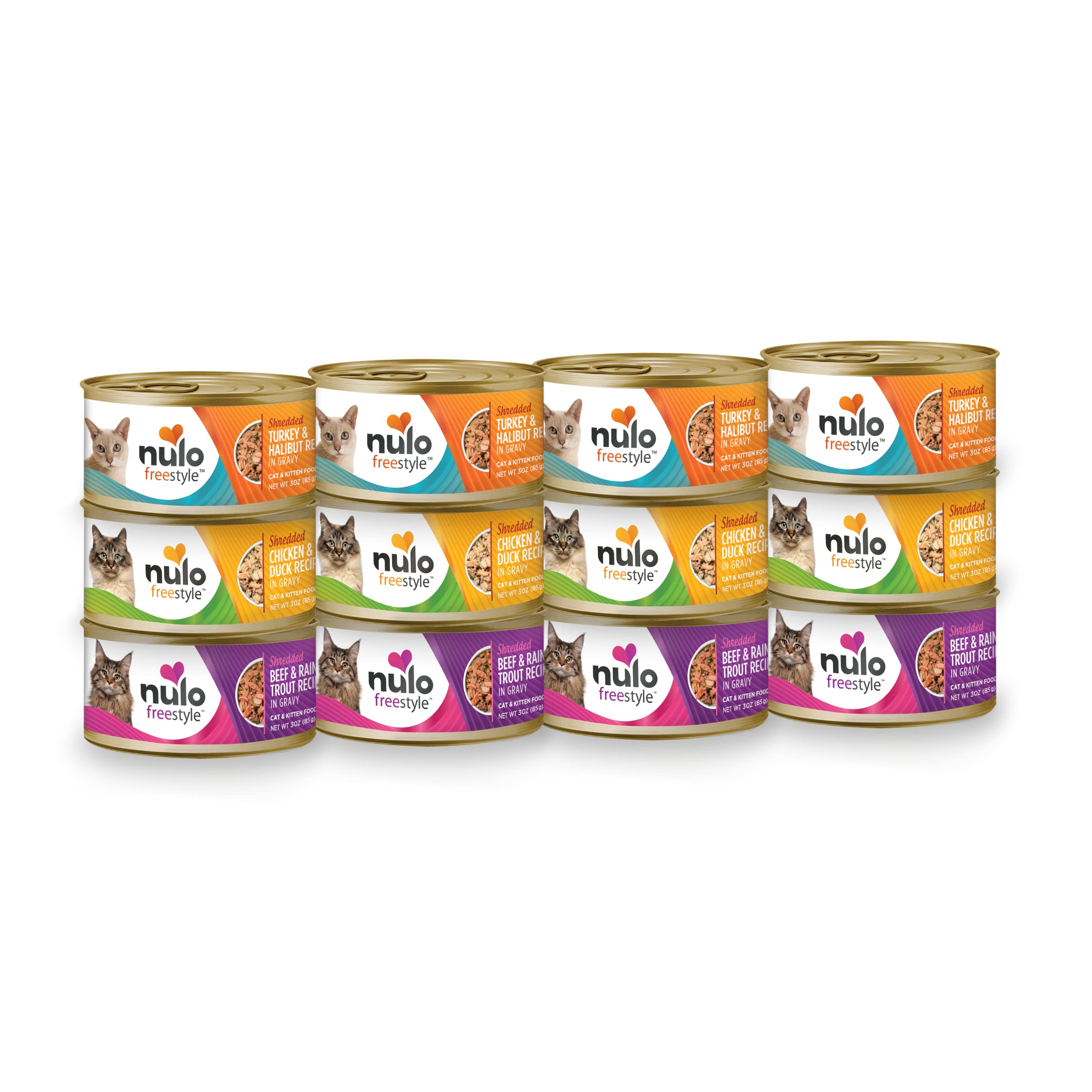 Nulo Freestyle Shredded Canned Wet Cat Food Variety Bundle - 3 oz. - 3 Flavors - Chicken & Duck, Beef & Rainbow Trout, and Turke