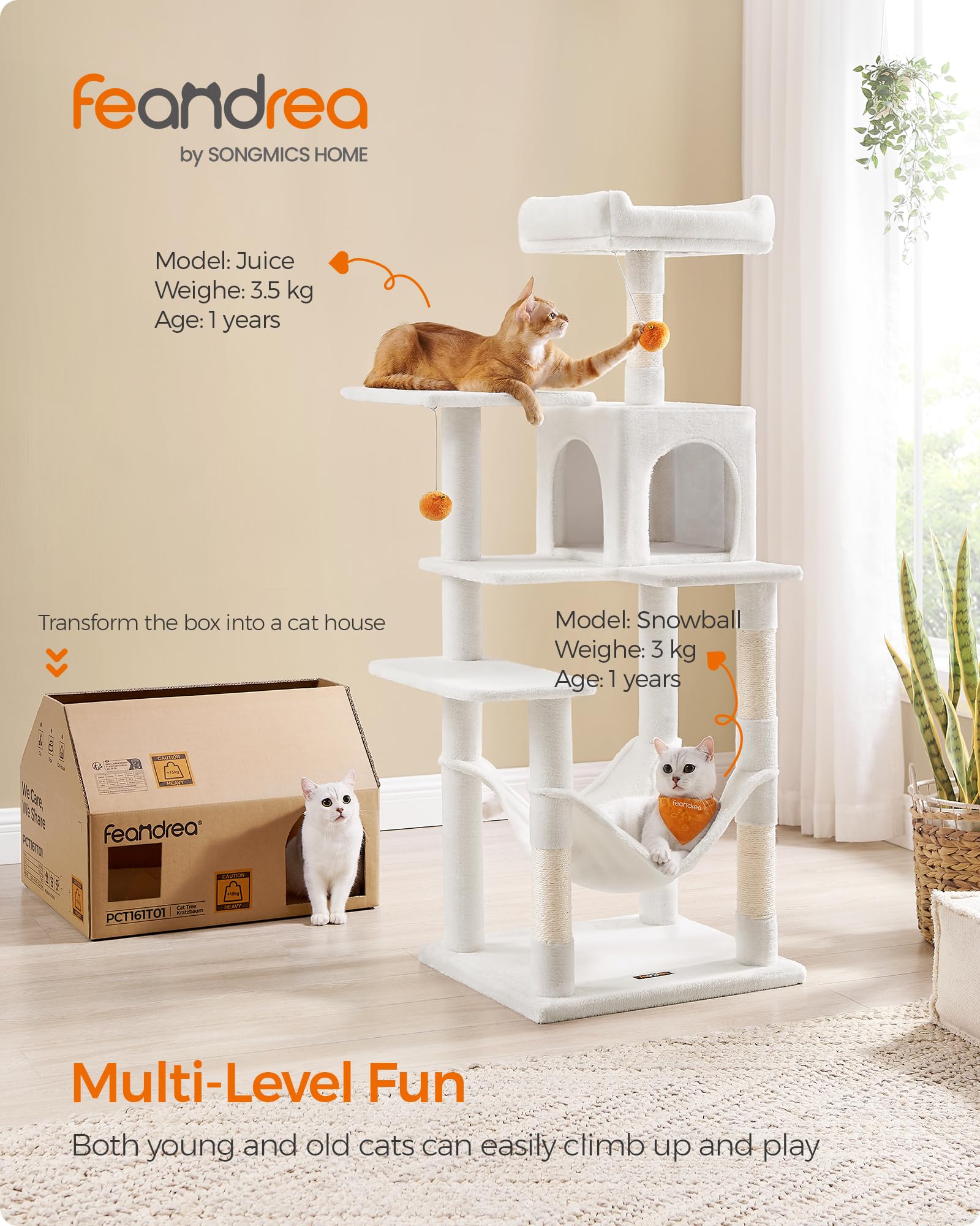 Feandrea Cat Tree, 56.3-Inch Cat Tower For Indoor Cats, Multi-Level Cat Condo With 4 Scratching Posts, 2 Perches, Hammock, Cave, Cream White Upct161T01