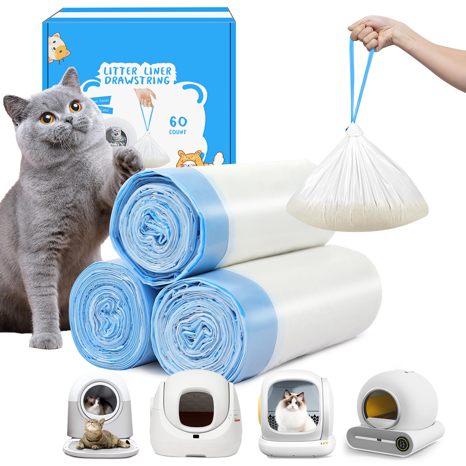 Kitcanis 60 Count Cat Litter Bags For Automatic Litter Box, Extra-Thick Drawstring Bags For Meowant Mw-Sc01 And Mw-Sc02, Self-Cl