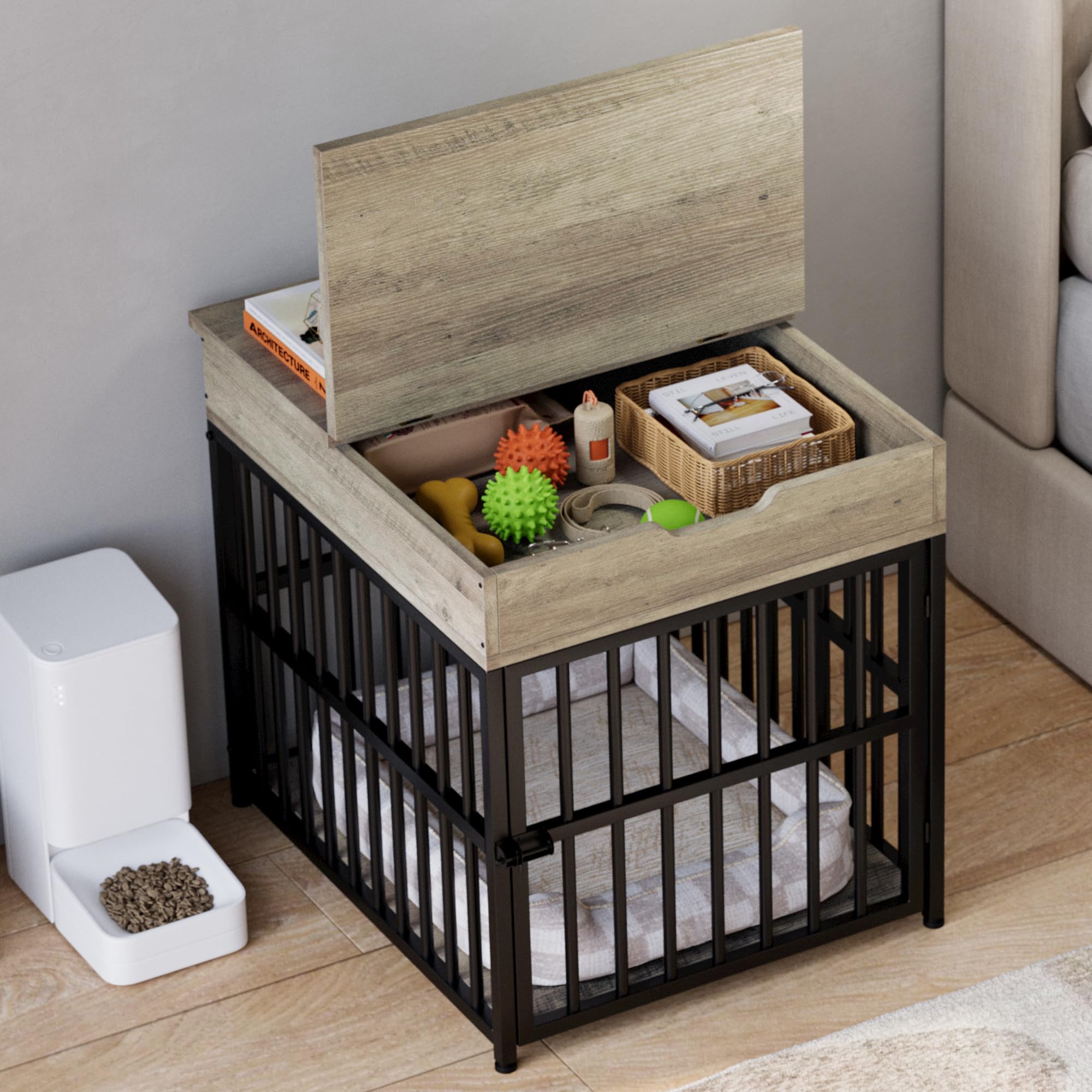 IRONCK Dog Crate Furniture, Wooden Kennel with Flip Top Drawer, 23.6"x19.7"x25.6", Grey, Model HK-GL-01, Indoor Pet End Table