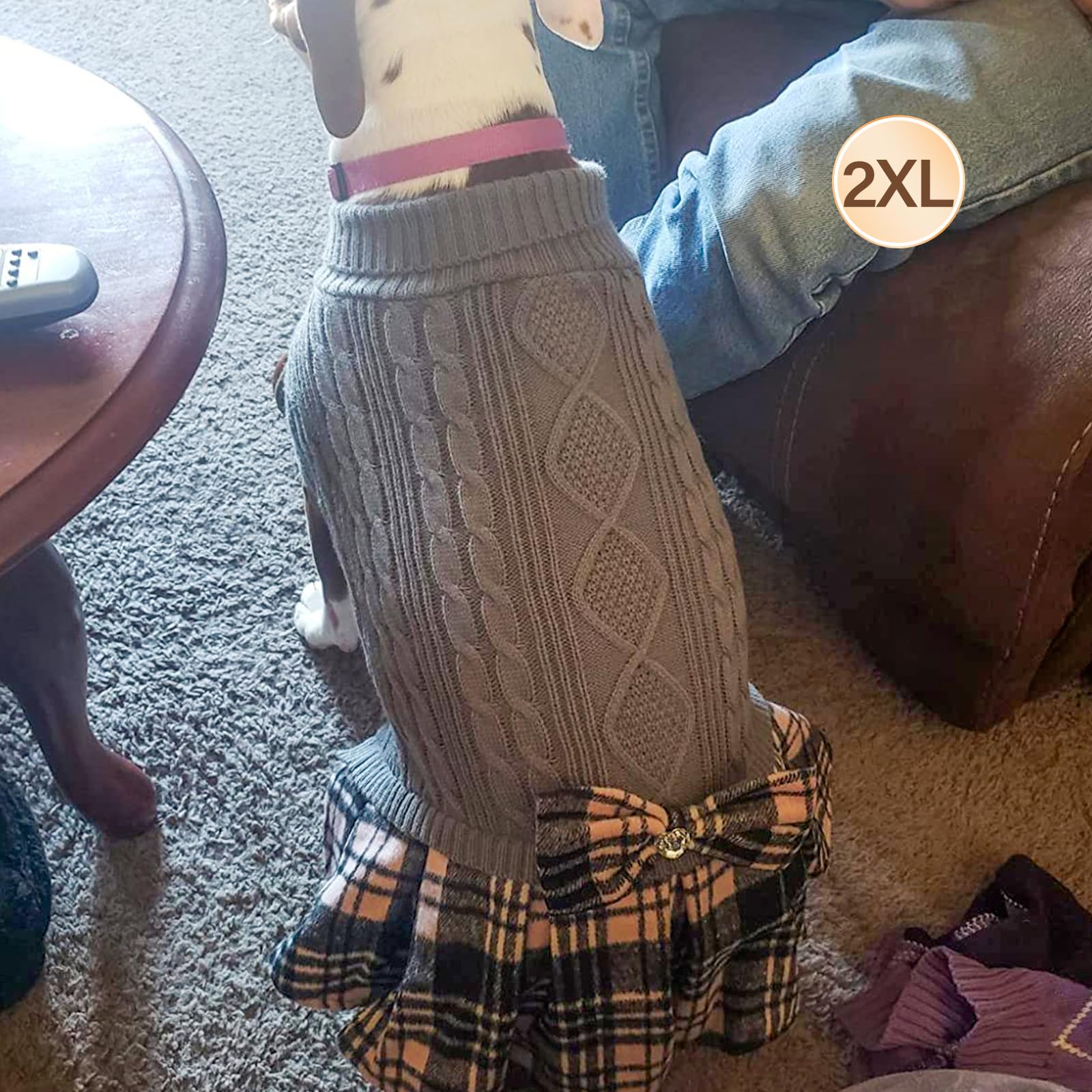 Kyeese Dog Sweaters Dress With Leash Hole For Medium Dogs With Bowtie Turtleneck Dog Knitwear Plaid Pattern Warm Pet Sweater Grey