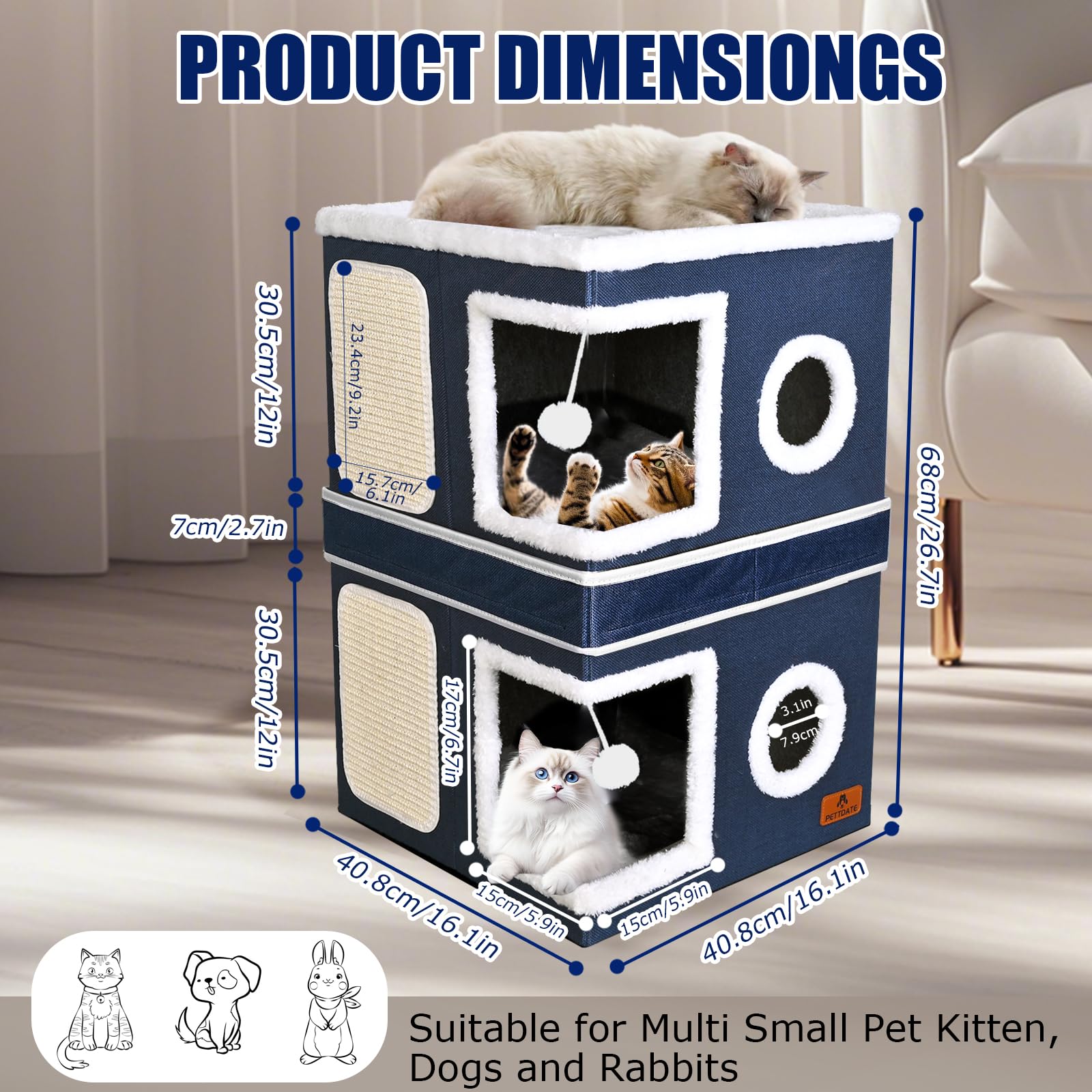 2-Story Cat House For Indoor Cats, Dual-Purpose Cat Cave Bed With Scratch Pad And Fluffy Ball, Foldable Cat Hideaway, Cute Cat C