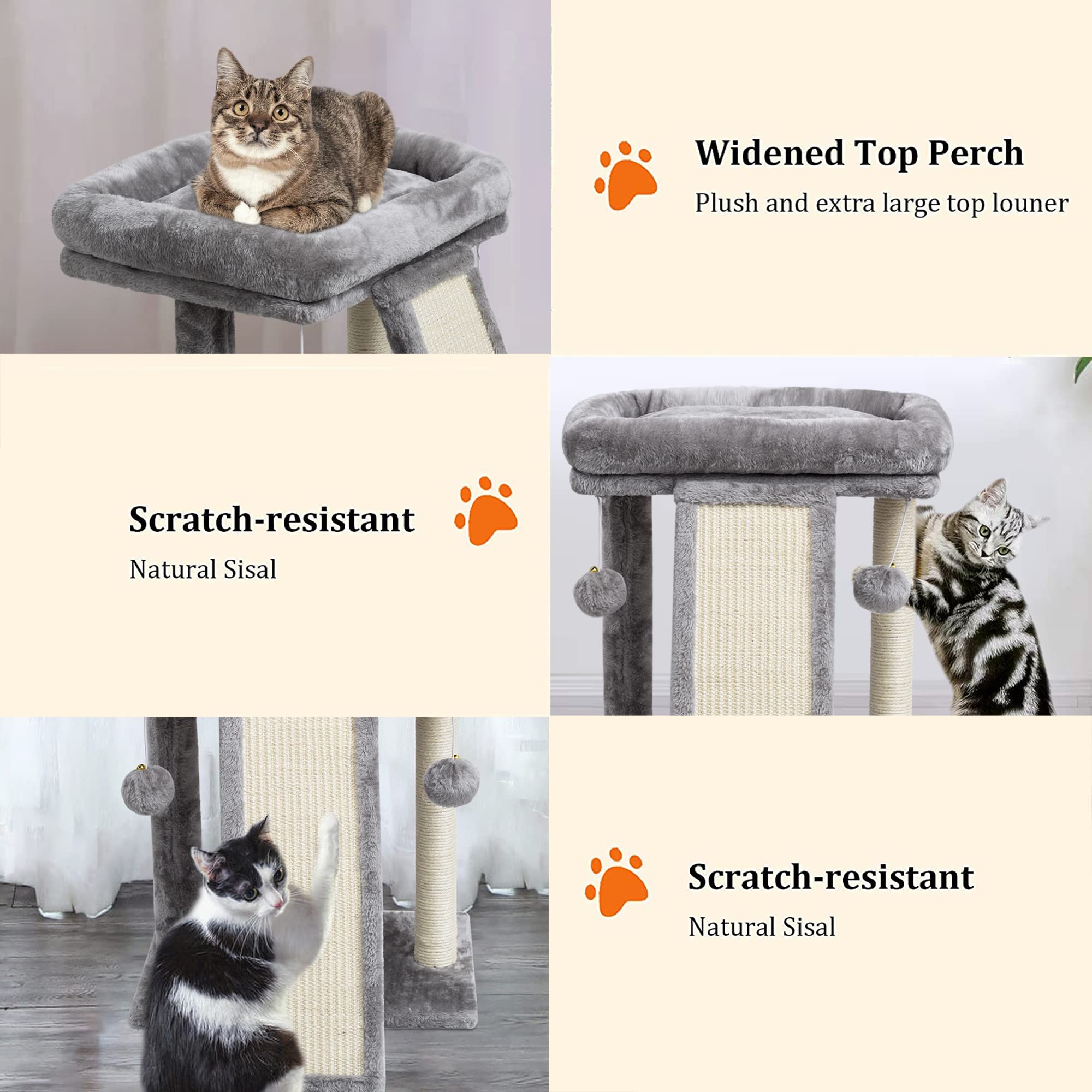 SYANDLVY Cat Tree with Scratching Post, Engineered Wood, Light Grey, Model PAT15G, 2 Dangling Balls for Kittens
