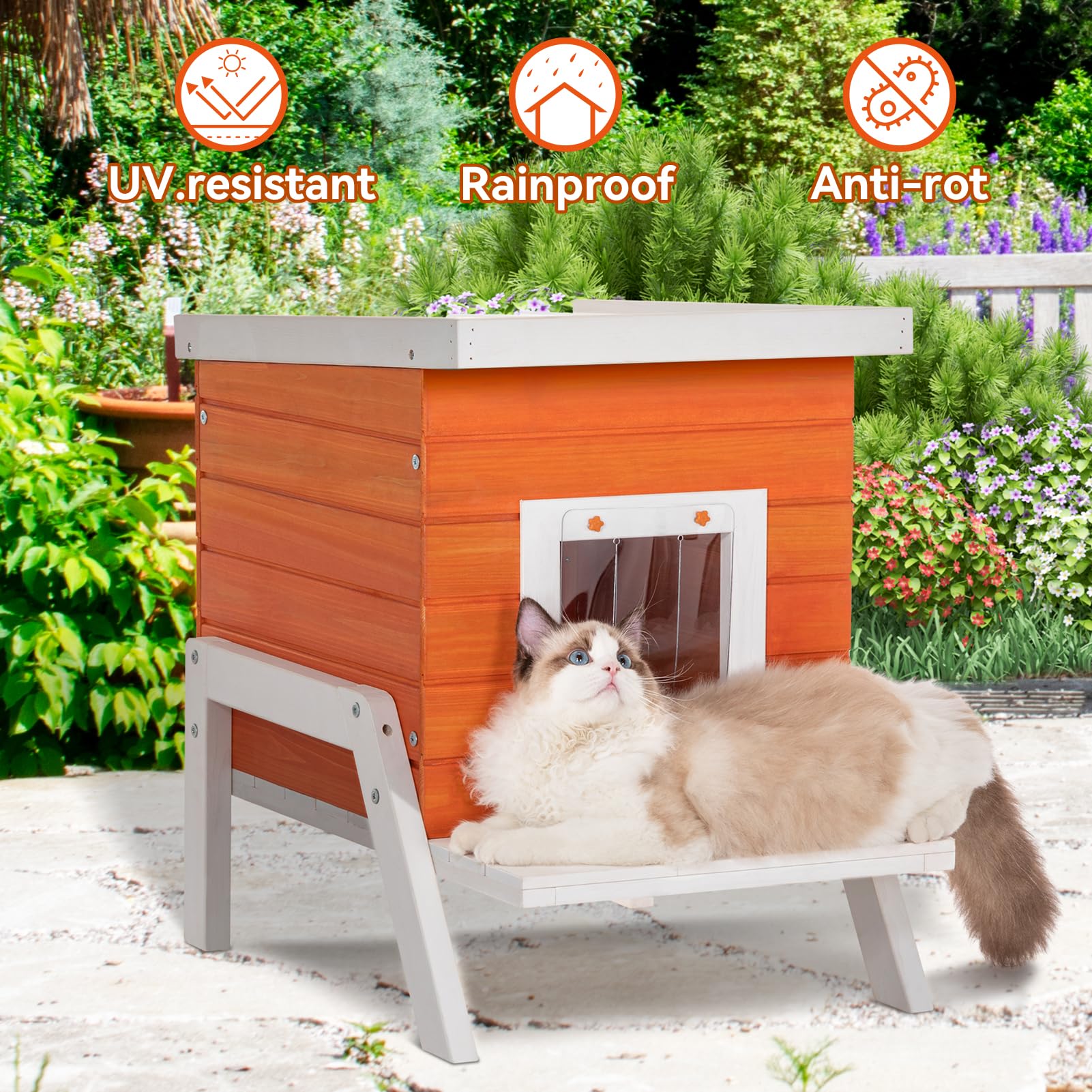 Petsfit Cat House Outdoor, Insulated High Feet + Feeding Station +Door Curtain, Wood Outside Cat House, Bunny Rabbit Hutch Orange