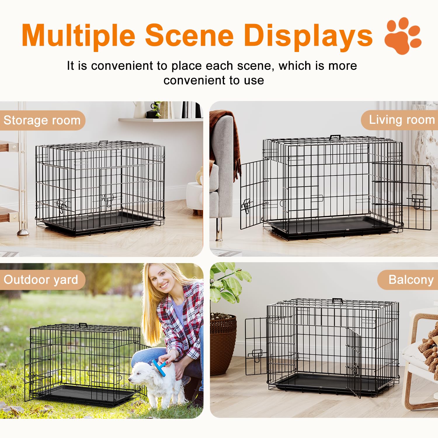 FDW 24inch Dog Crate Pet Cage with Metal Folding Design Plastic Tray Indoor Outdoor Dog Kennel Cage for Small Dogs,Black