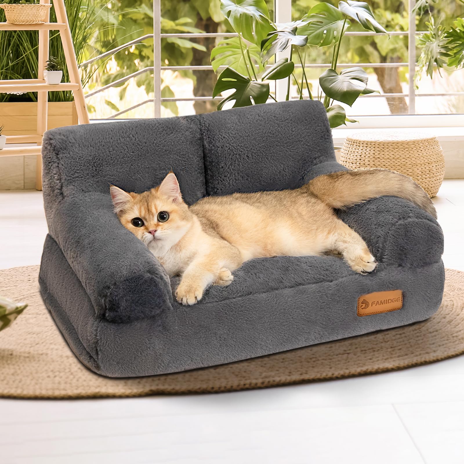 Famidge Cat Couch, Fluffy Cat Bed For Indoor Cats, Calming Pet Sofa Bed Puppy Sleeping Bed, Cute Dog Couch For Medium Cats & Dog