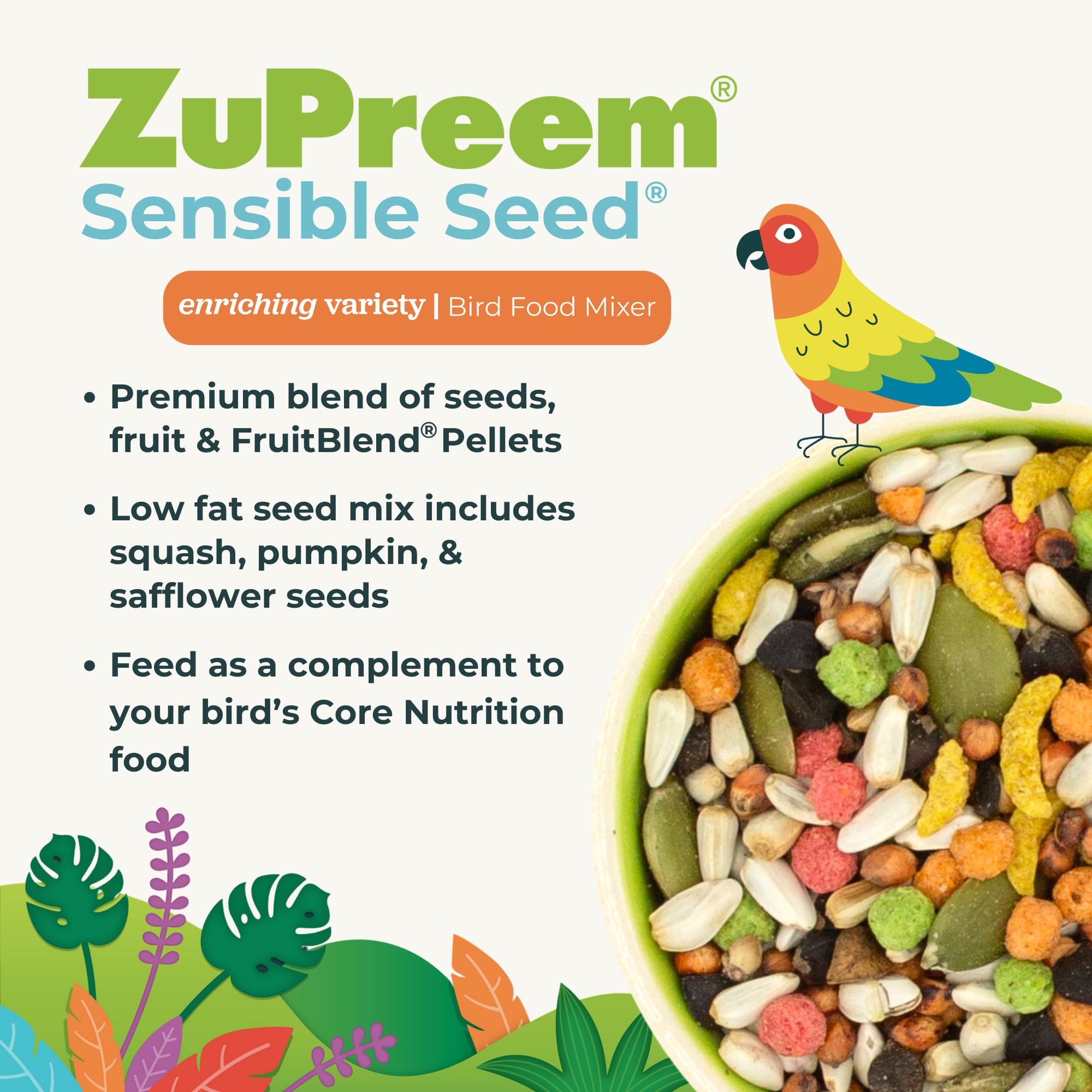 ZuPreem Sensible Seed Bird Food, Parakeet, Budgie, Parrotlet, Dove, Seed and Pellet Blend for Small Birds, Food Mixer Topper, En