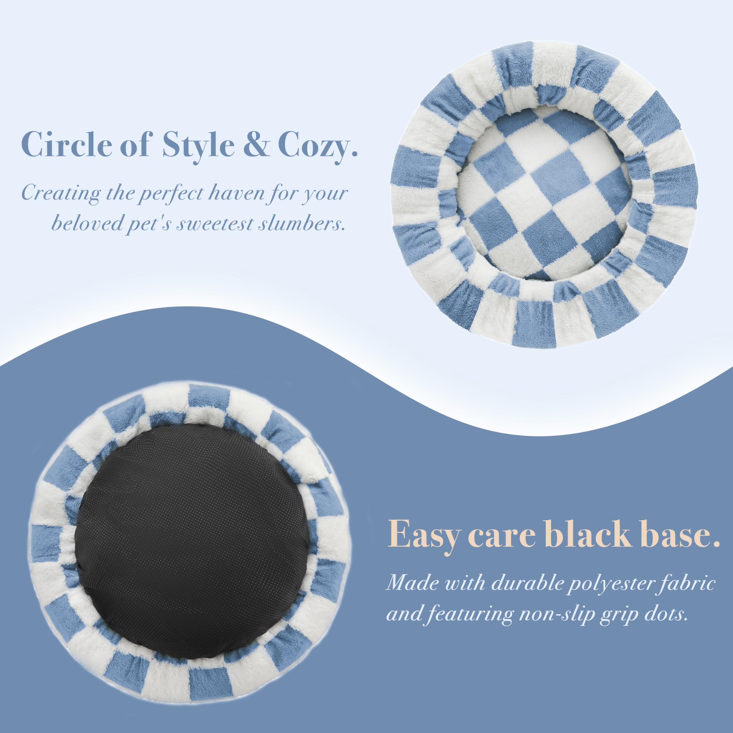 Ohocut Checkered Dog Bed, Cute Blue Retro Style Aesthetic Round Warming Pet Calming Beds For Small Dog And Cats, Plush Cozy Donu