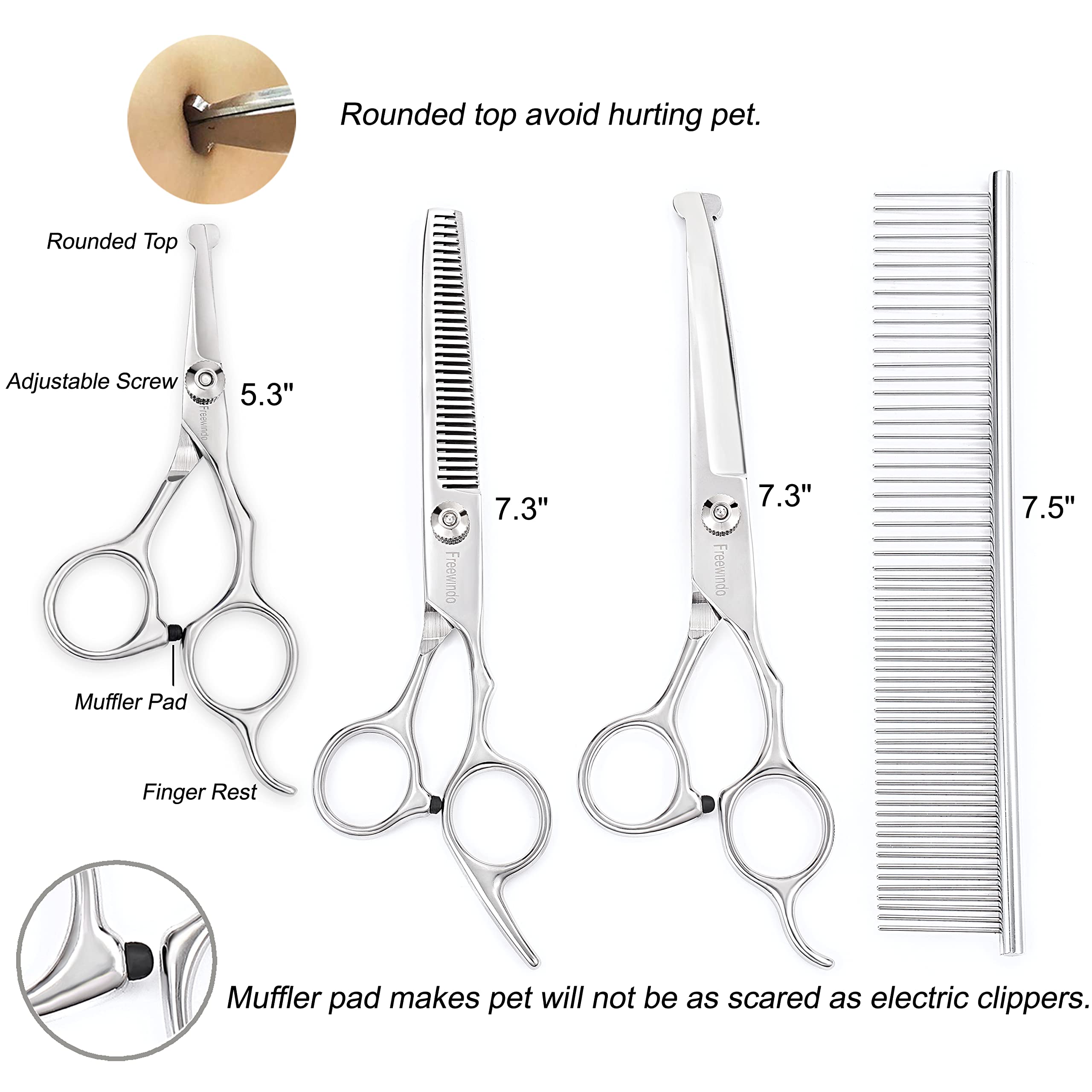 Freewindo Dog Grooming Scissors Kit, Safety Round Tip, Heavy Duty Stainless Steel Dog Scissors And Dog Nail Clippers For Groomin