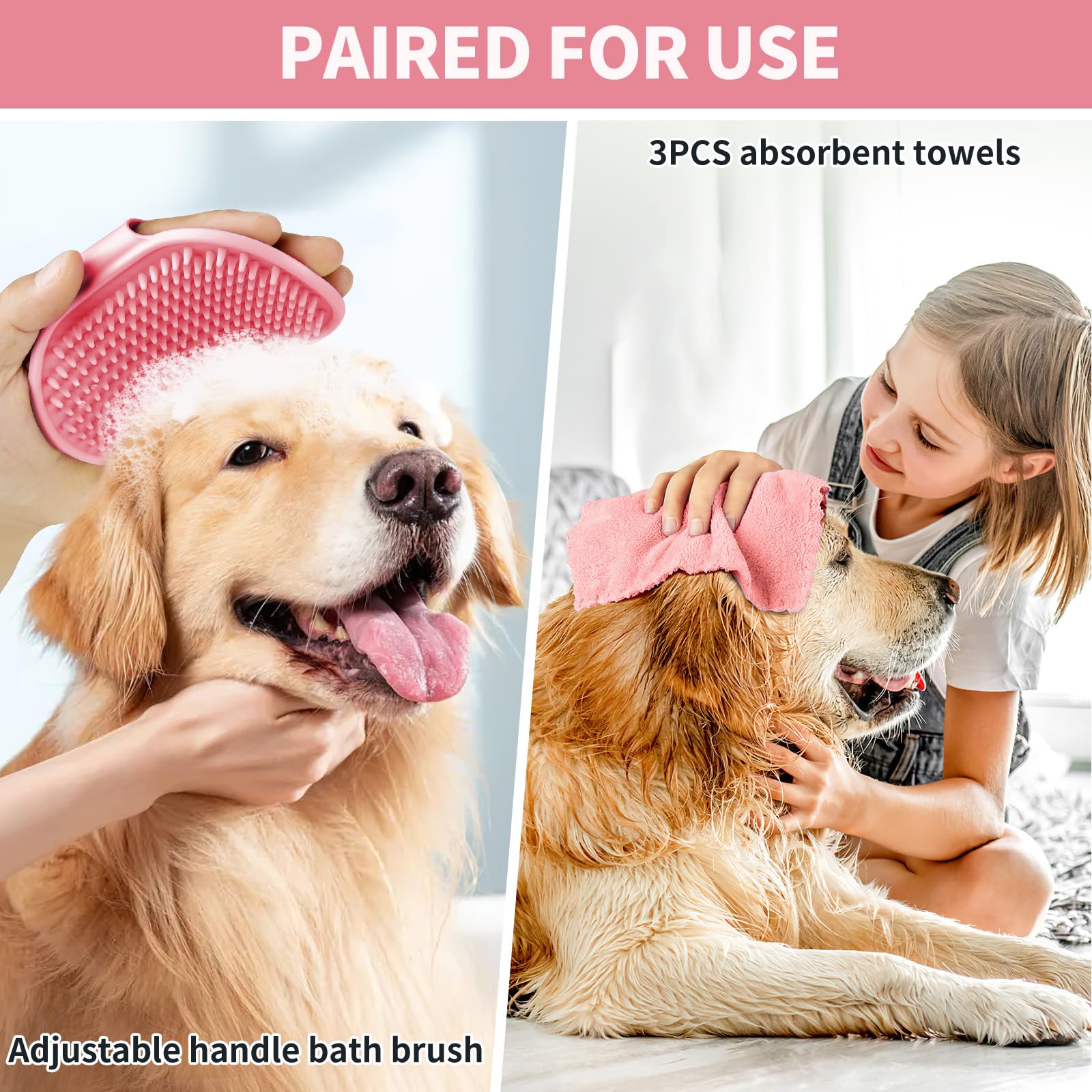 Dog Paw Cleaner For Dogs, (With 3Pcs Absorbent Towels & Adjustable Bath Brush) Dog Paw Washer, Pet Foot Cleaner (Pink, Large)
