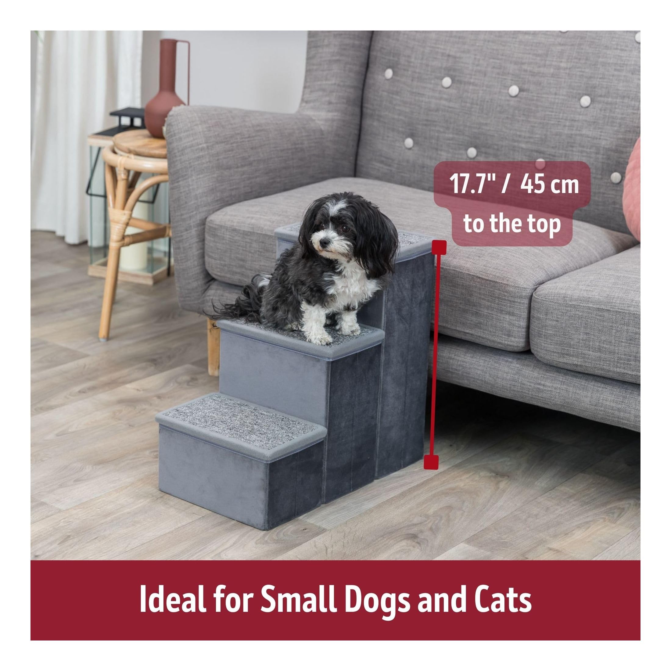 TRIXIE Velour 3-Step Pet Stairs with Storage, Collapsible, Storage Compartments for Pet Toys,Gray