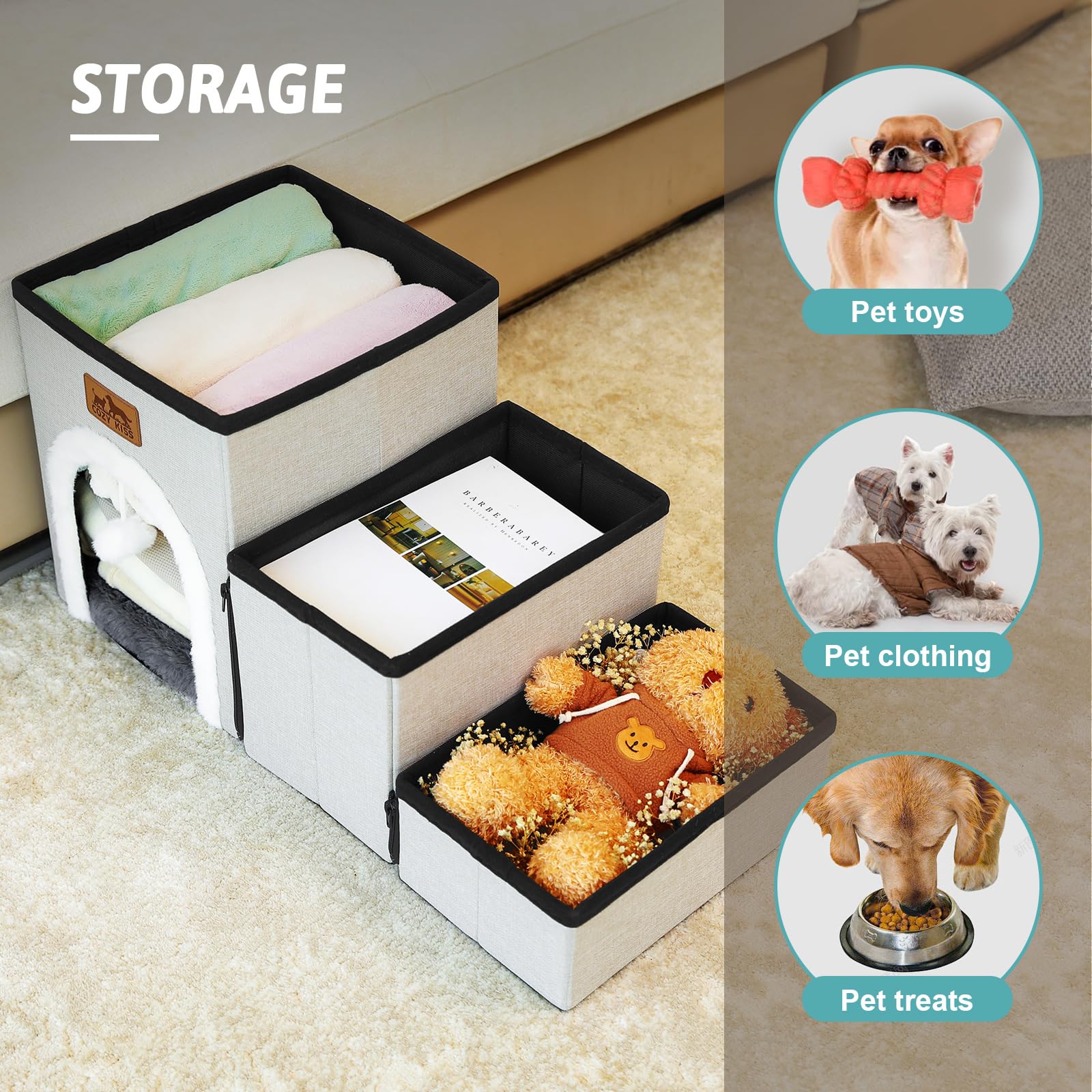 COZY KISS Dog Stairs for Small Dogs with Storage and Condo, 14'' H Foldable Pet Stairs for Small Medium or Puppy Dogs and Older