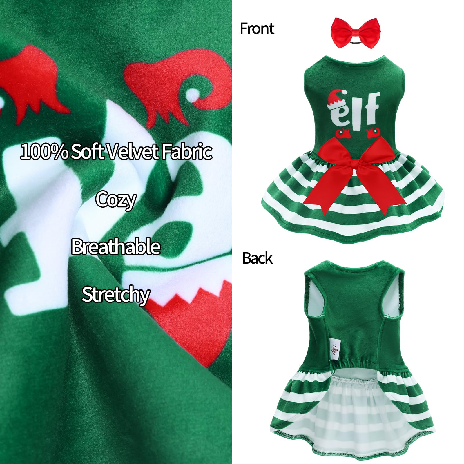 Cutebone Elf Dog Dresses Velvet Holiday Small Dogs Clothes Onesie Pet Apparel Girl Puppy Skirt With Bow Hair Rope Cva55L-D