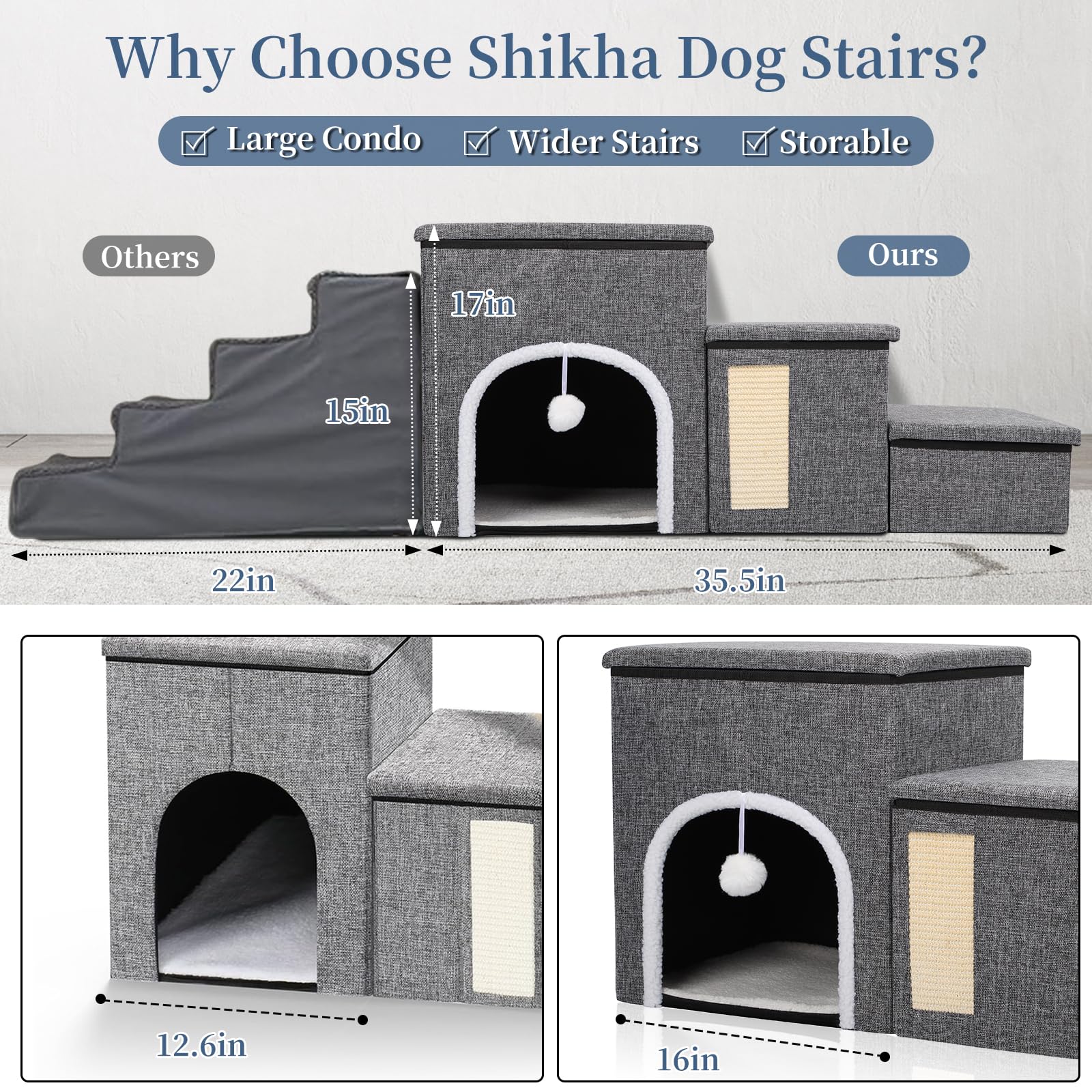 Upgrade Xl Dog Stairs For Bed And Couch, 35.5'L X 13.8'D X 17'H, Foldable Dog Steps With Wider Stairs, Large Condo, Storage S