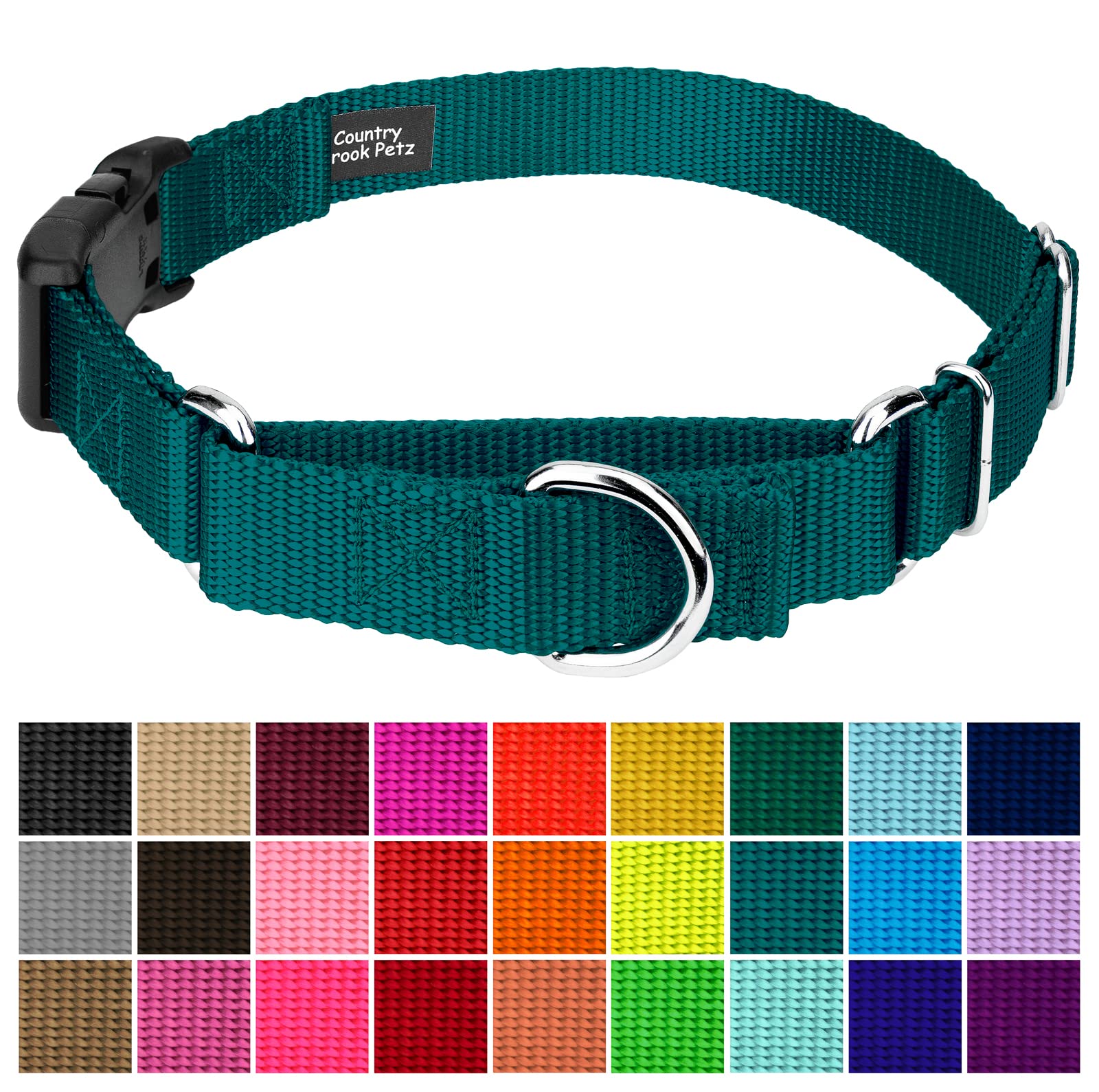 Country Brook Petz - Made In The Usa - Durable Nylon Martingale With Deluxe Buckle - 30+ Vibrant Color Options (Teal, 1 Inch, Large)