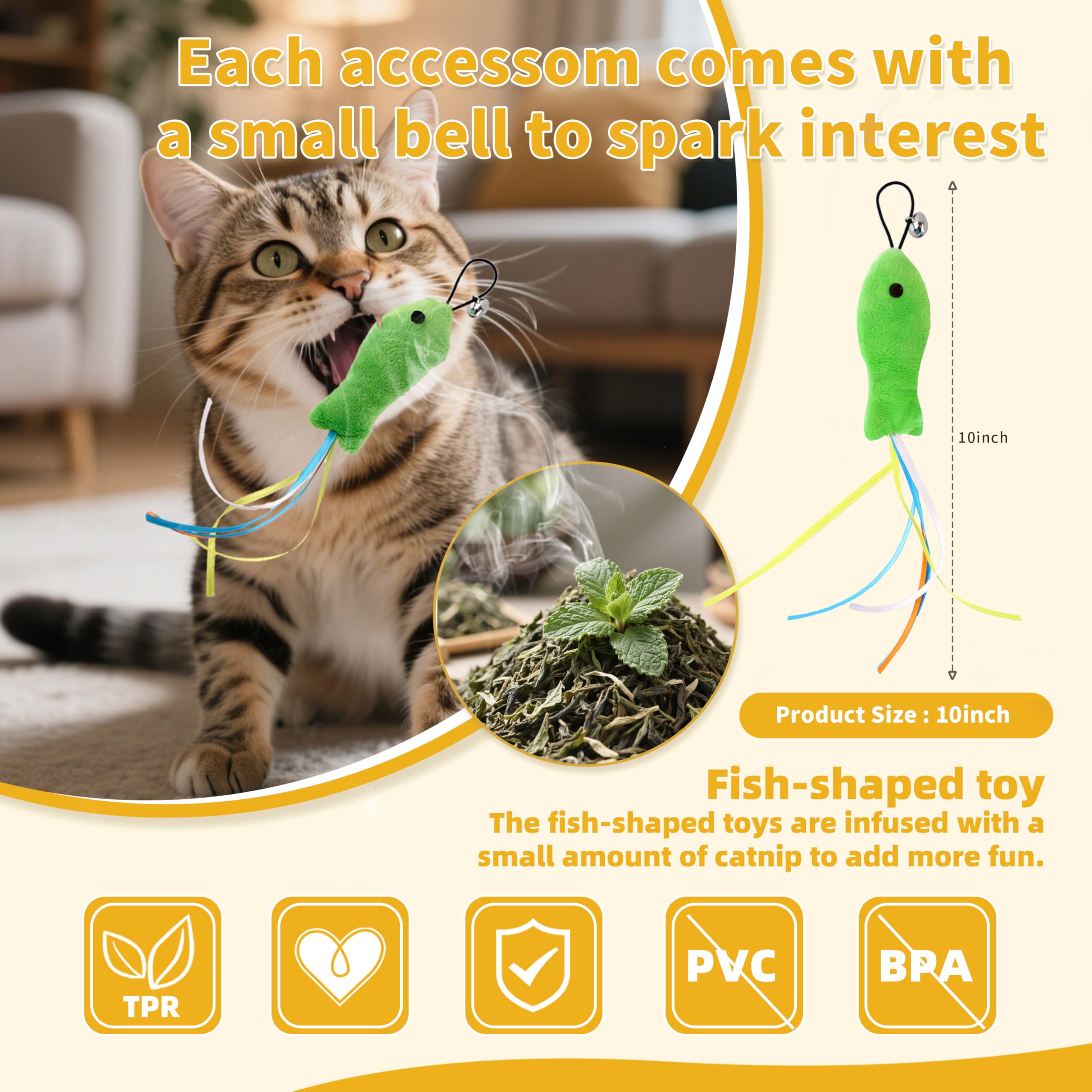 Aaa Amusang Cat Ball Toys Attachments - 10 Pcs Toy Refill Set, Includes 6 Worm, 2 Short Furry Worms, 2 Fish, Interactive Cat Fea