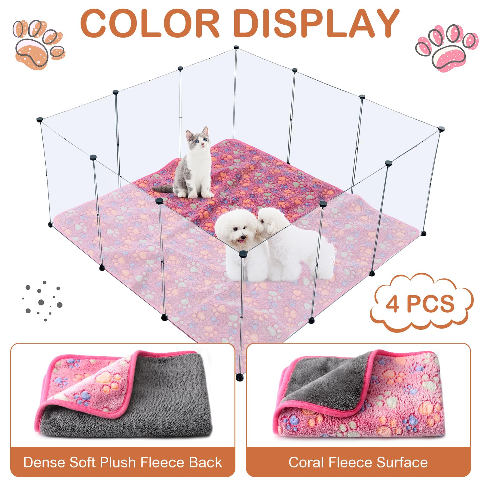 Panelee 4 Pcs Waterproof Dog Blankets Washable Puppy Paw Print Fleece Blanket For Small Medium Pet Cat Whelping Warm Soft Sleep