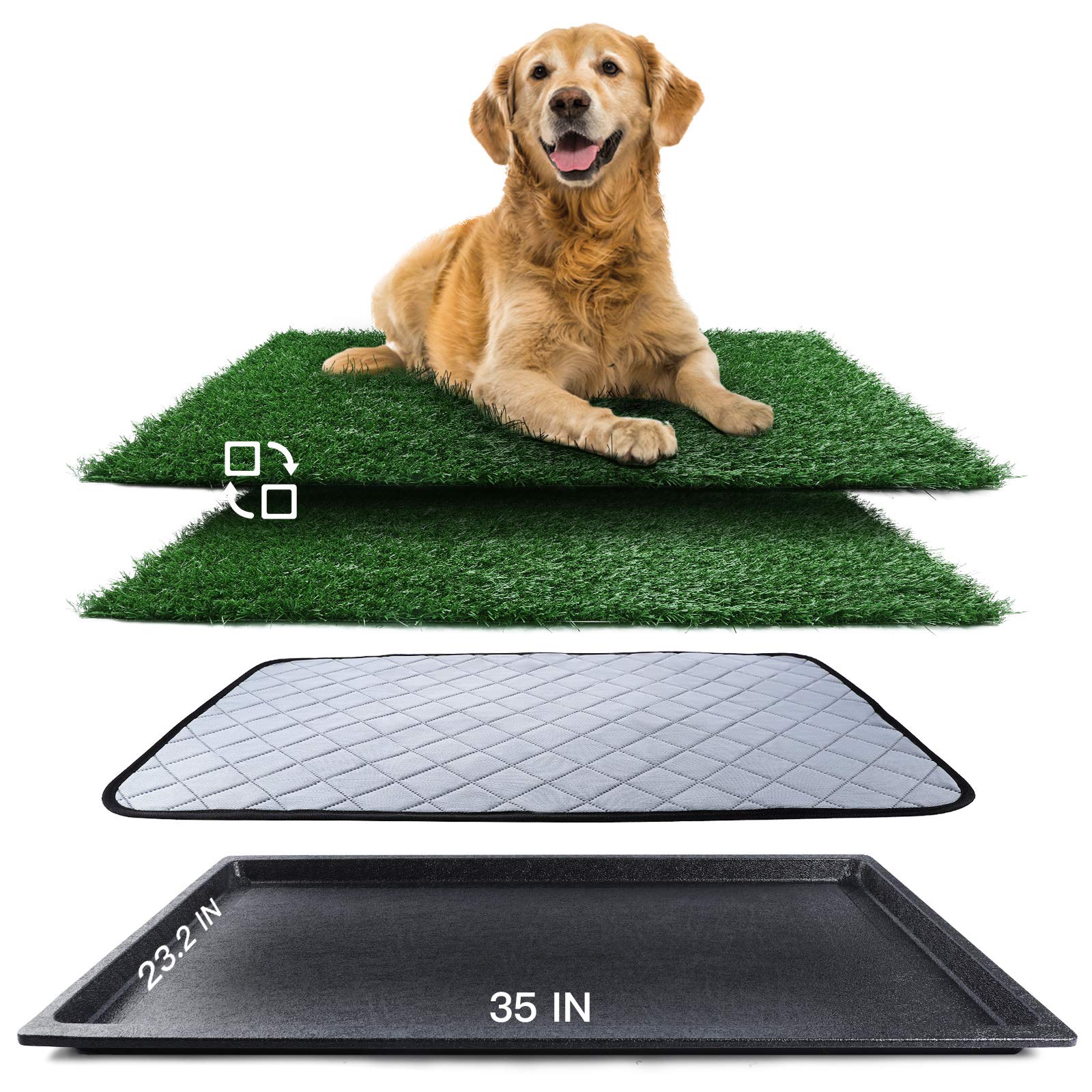Dog Grass Pad With Tray (35Inx23.2In), Dog Potty Grass Mat Washable And Professionally Pet Toilet Tray With 2×Artificial Grass For Dogs Pee, Dogs Turf Potty Training For Indoor Outdoor Apartment