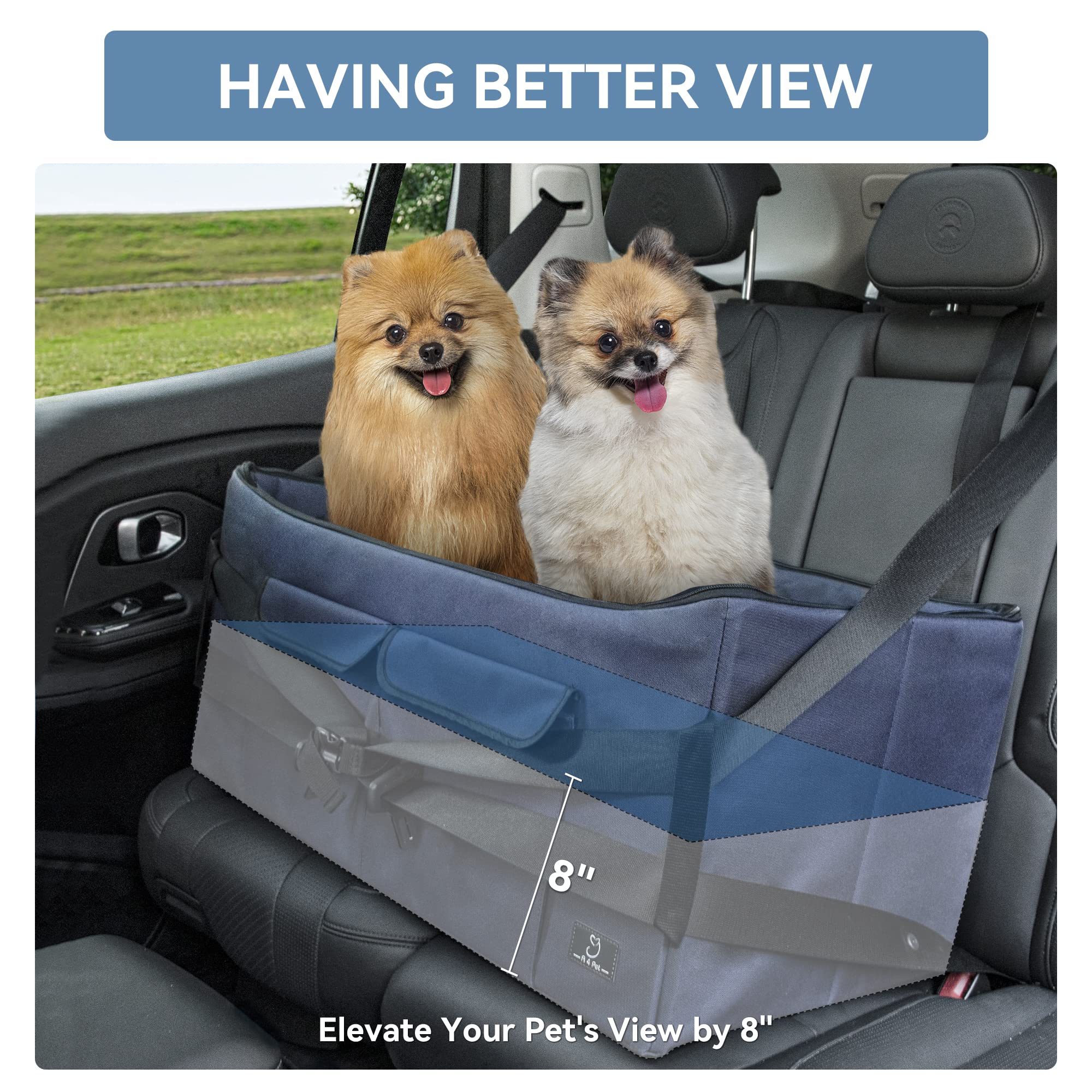 A4Pet Dog Car Seat Medium Large Size Dog - Large Dog Car Seat For 2 Dogs Large Dogs With Washable Cover, Safety Leashes, Storage Pockets - Pet Car Seat, Dog Booster Car Seat - Foldable & Portable