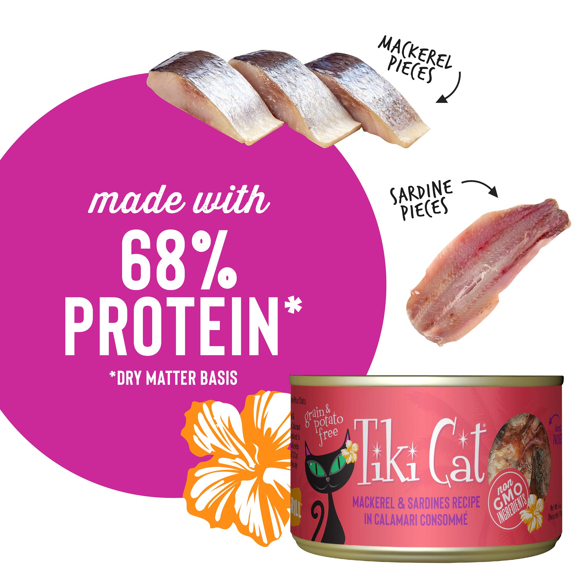 Tiki Cat Grill, Mackerel & Sardines, High-Protein and 100% Non-GMO Ingredients, Wet Whole Foods Cat Food for All Life Stages, 6